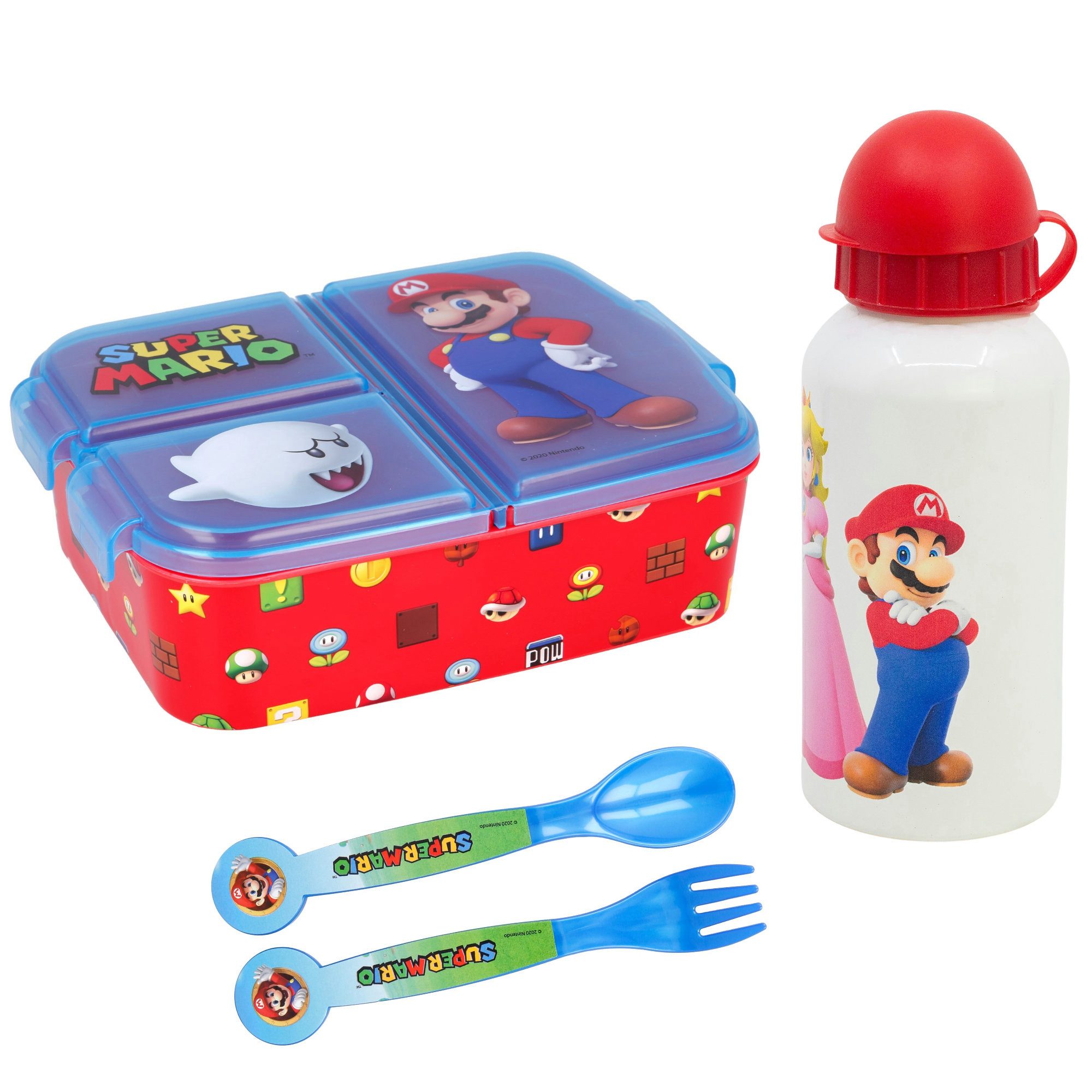 Super Mario Lunchbox Super Mario Luigi Kinder 4 teiliges Set, (4-tlg., Spar-Set), Brotdose - Gabel Löffel Alu-Trinkflasche