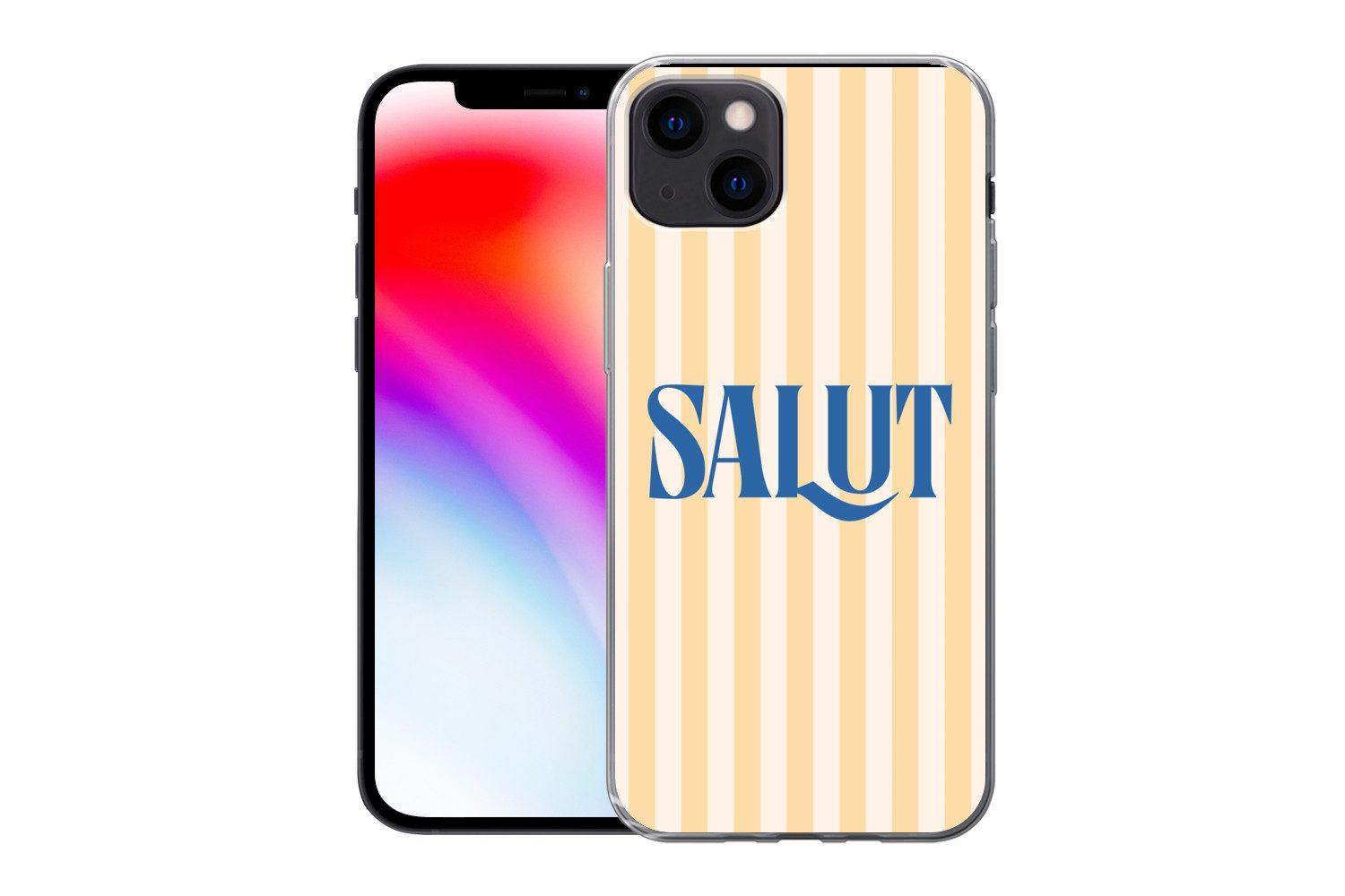MuchoWow Handyhülle für Apple iPhone 13 Salut - Zitat - Streifen - Gelb - Blau - Weiß, Smartphone-Bumper, Print, Handy Schutzhülle Dünn