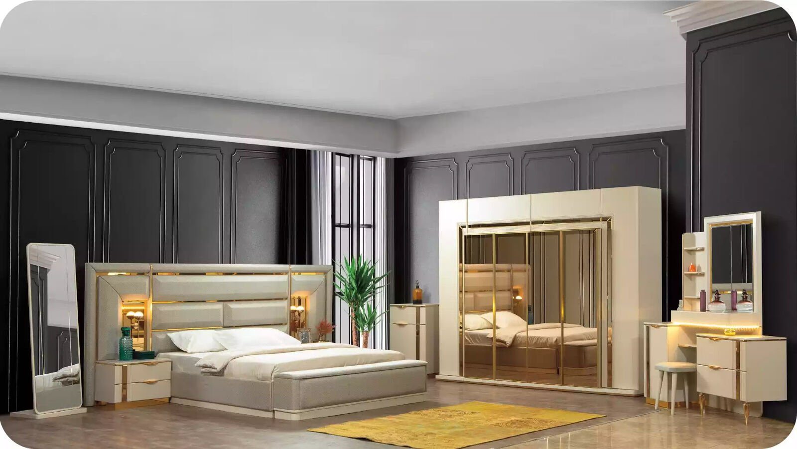 Schlafzimmer-Set Doppelbett (8-St., JVmoebel Groß Komplette Stoff Made Luxus Schlafzimmermöbel Bett/Bank/Nachttische/Kleiderschrank/Schminktisch/Bodenspiegel/Kommode), Beige, in Europa