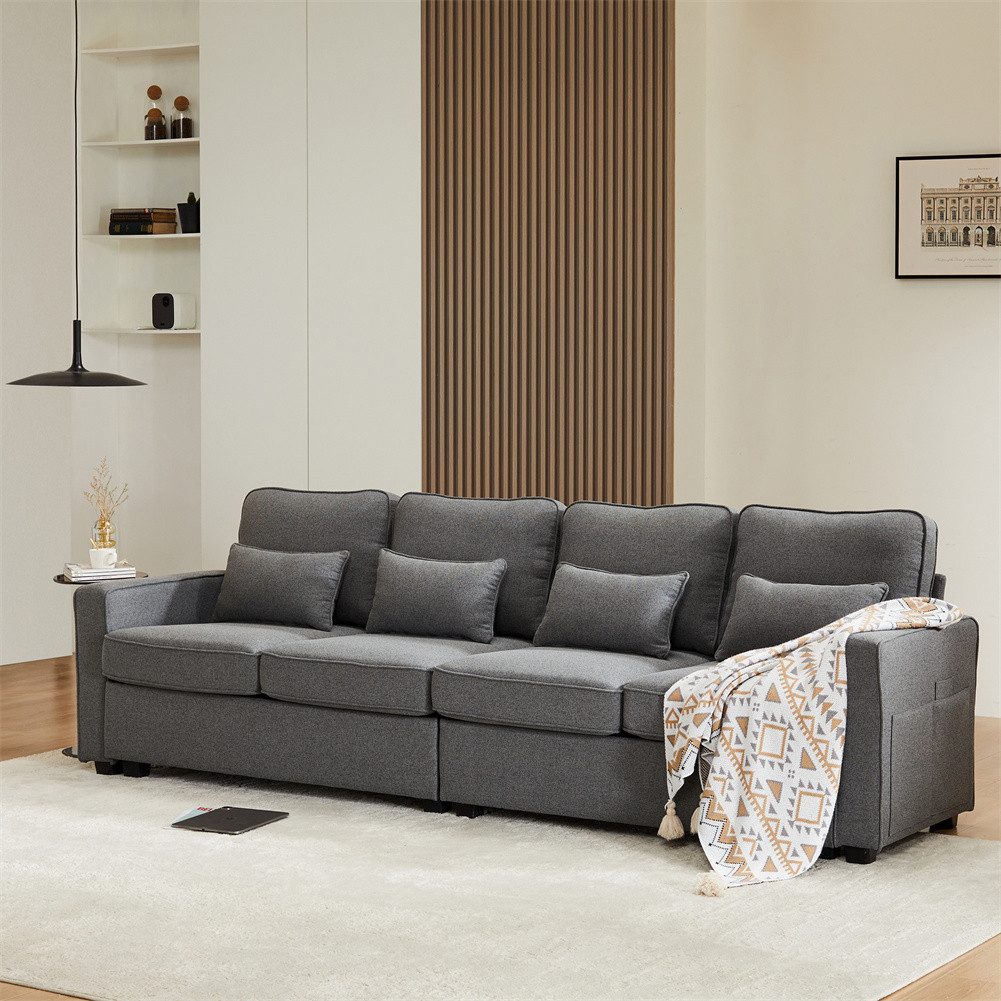 Sweiko Sofa 4-Sitzer-Sofa aus Leinenstoff, Viersitzer-Sofa mit Armlehnentaschen und 4 Kissen