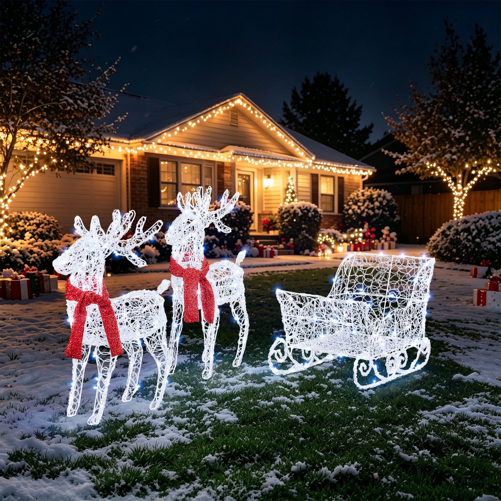 VINGLI LED-Dekofigur Leuchtendes Weihnachtsdeko, 3-teiliges Rentier-Familien-Set, LED Rentier mit Schlitten Set, 240 Kaltweiße LEDs, Weiß, 73 cm