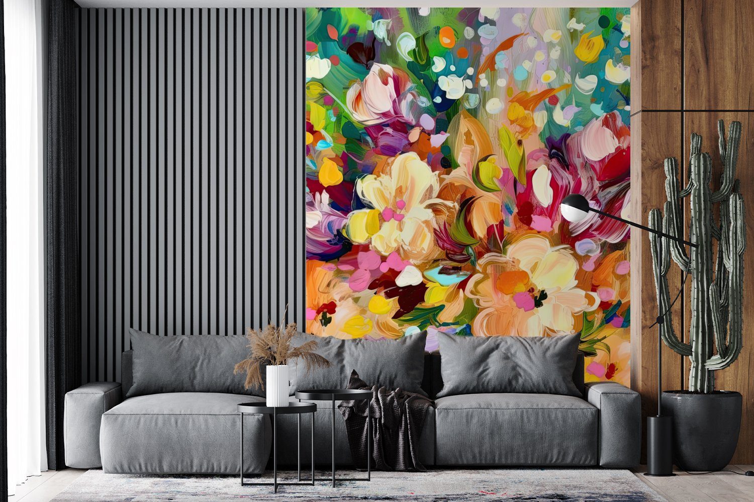 - - Montagefertig Wohnzimmer, bedruckt, Wandtapete Matt, St), Ölfarbe Tapete - Blumen (4 Gemälde Vinyl Regenbogen, Fototapete MuchoWow für