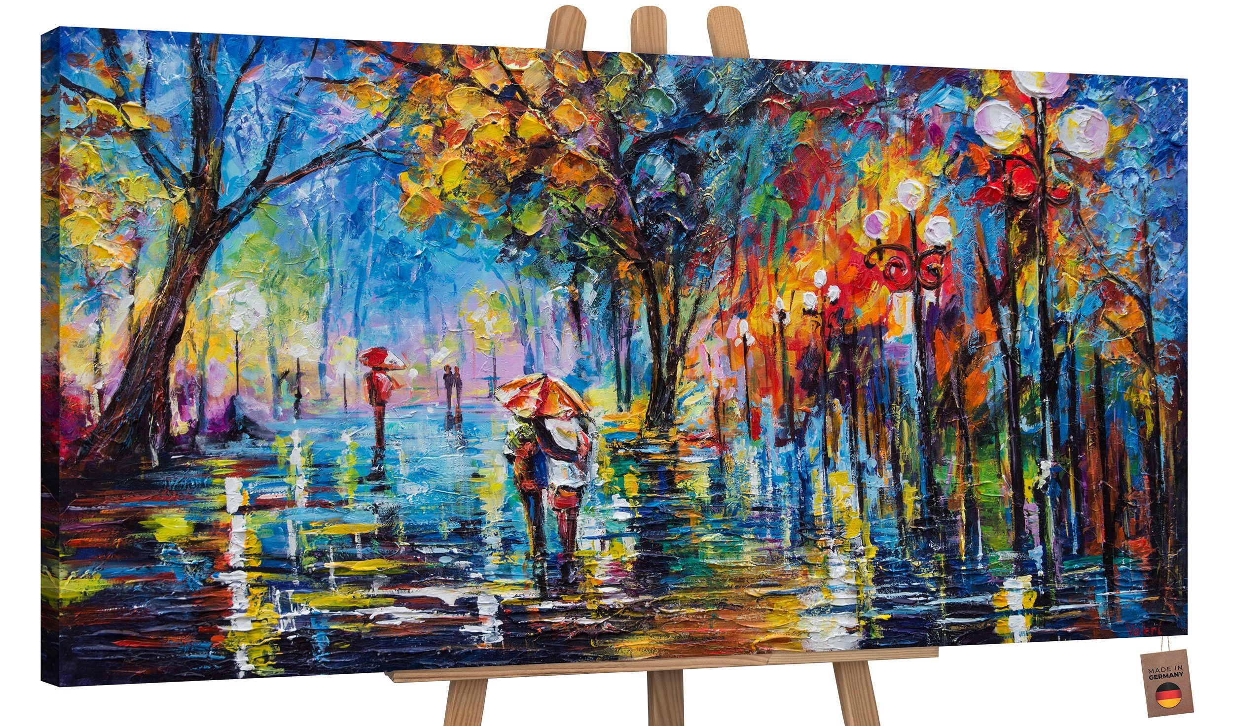 YS-Art Gemälde Herbstliche Allee, Menschen, Paar Regenschirm Leinwand Bild Handgemalt Allee Baum Ohne Schattenfugenrahmen