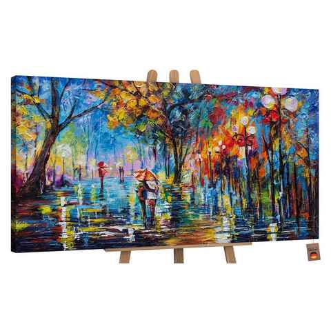 YS-Art Gemälde Herbstliche Allee, Menschen, Paar Regenschirm Leinwand Bild Handgemalt Allee Baum