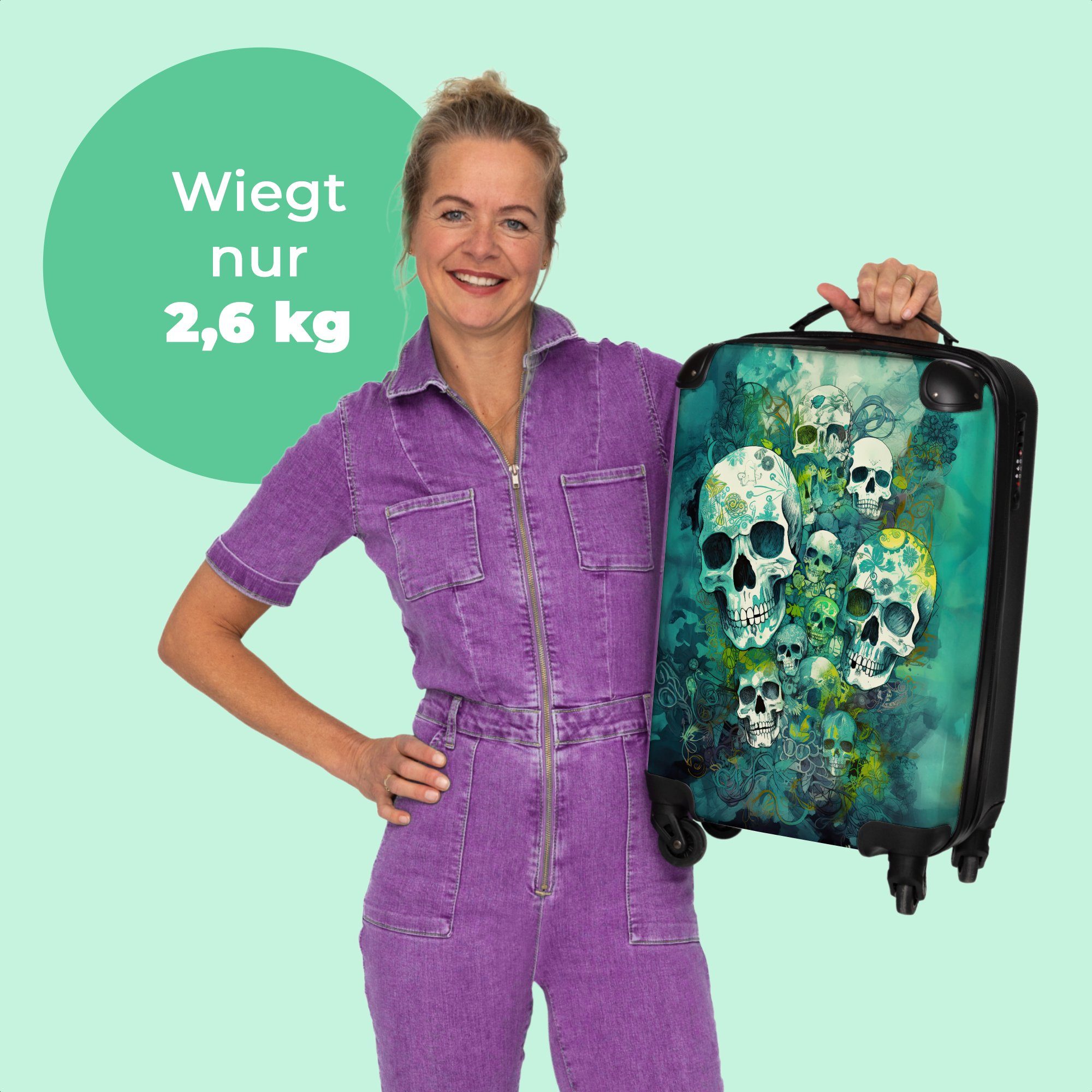 Totenkopf - Rollen Totenkopf Kleine Handgepäckkoffer Rollen, NoBoringSuitcases.com© Reisekoffer Türkis Trolley 55x35x20cm - mit -, Rollkoffer Aquarell - Cabin - - Blumen 4 Handgepäck 4