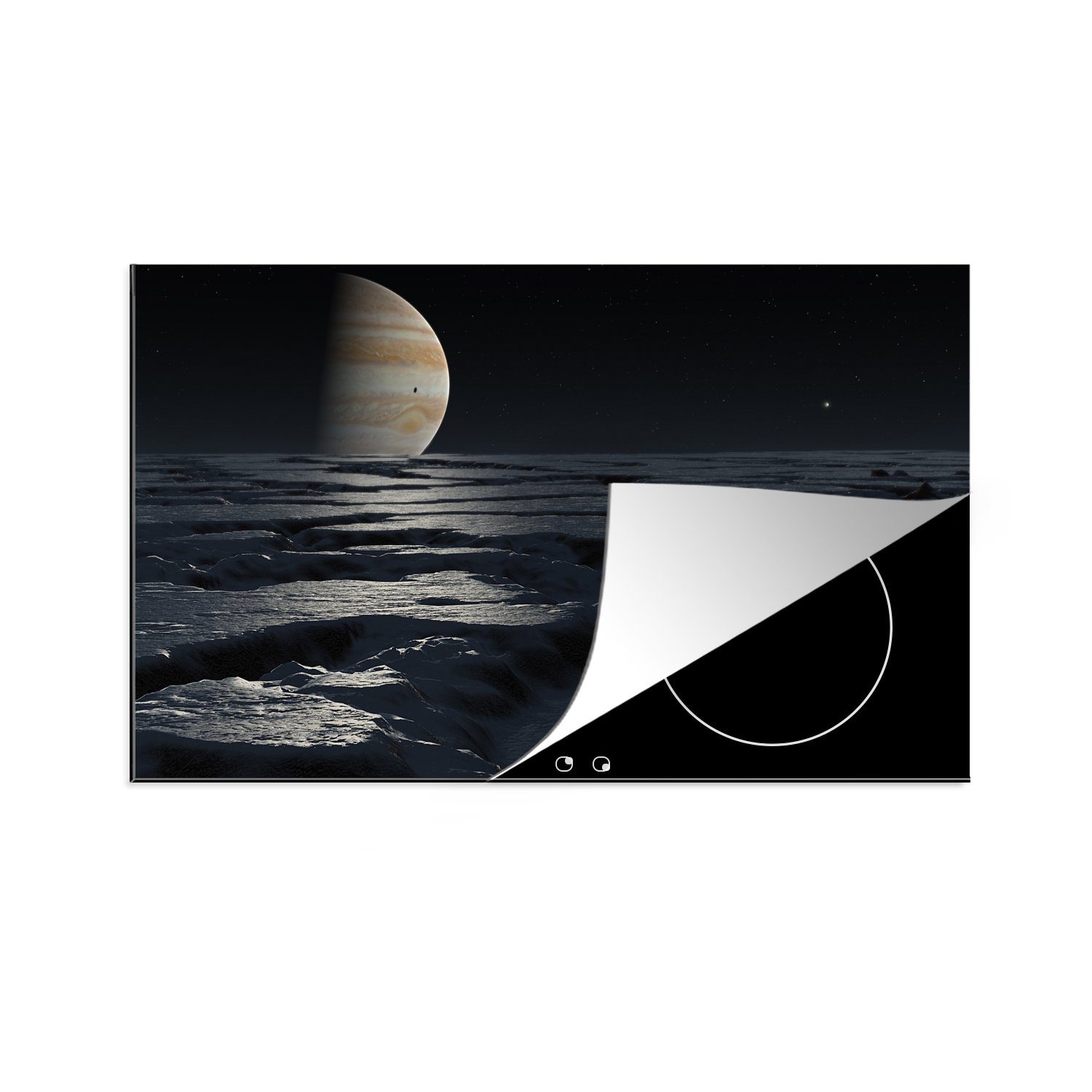 MuchoWow Herdblende-/Abdeckplatte Eine Illustration von Jupiter über einer eisigen Landschaft, Vinyl, (1 tlg), 81x52 cm, Induktionskochfeld Schutz für die küche, Ceranfeldabdeckung