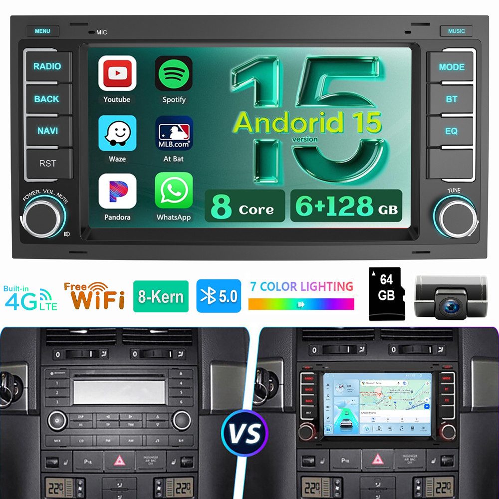 ESSGOO 8-Kern Für VW T5 Multivan Transporter 6GB+128GB Android14 Autoradio Autoradio (Digitalradio (DAB), RDS, FM, AM, DSP 4G LTE GPS Navi WIFI BT SWC EQ)