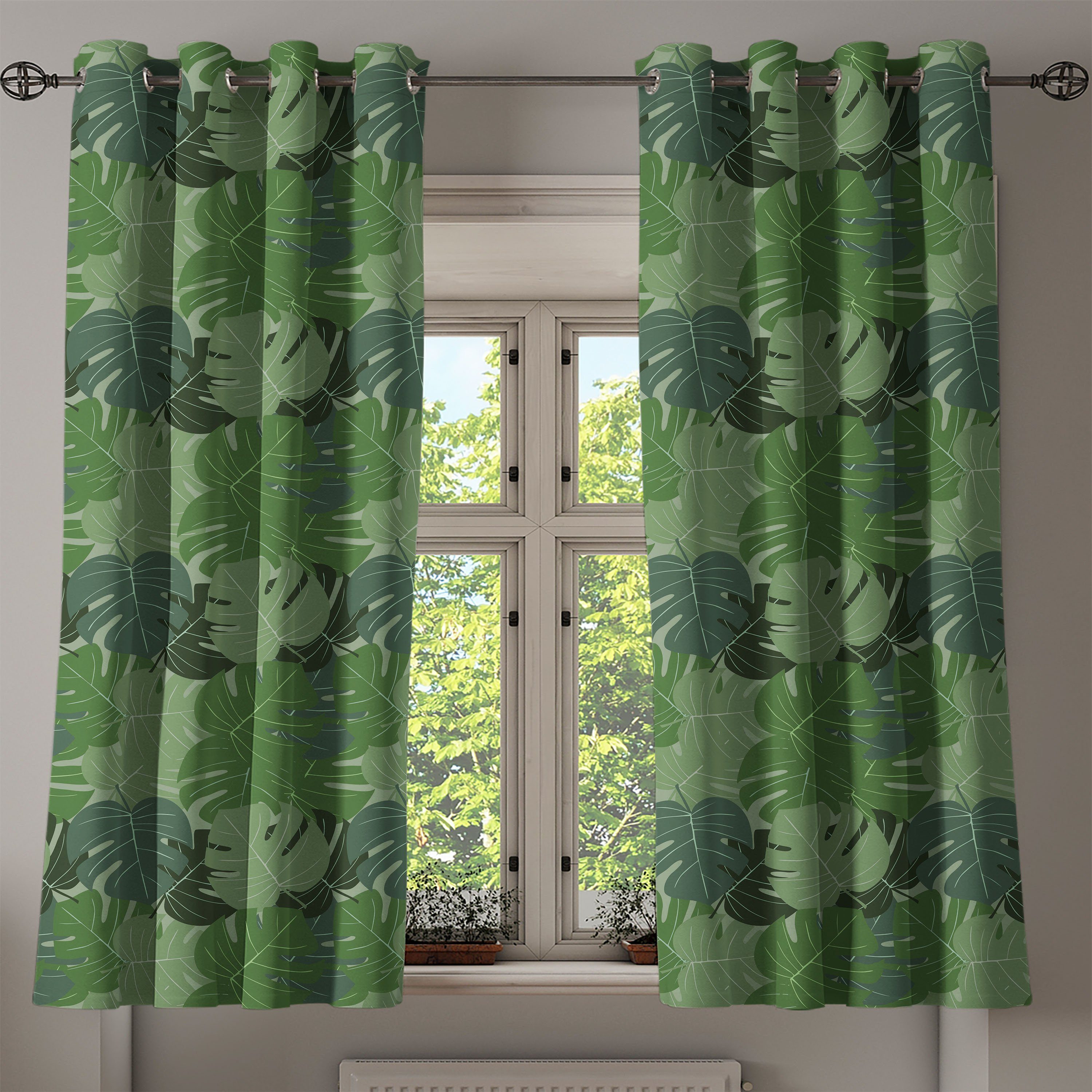 Abakuhaus, Palmblätter Wohnzimmer, für Camo 2-Panel-Fenstervorhänge Dekorative Waldgrün Schlafzimmer Gardine