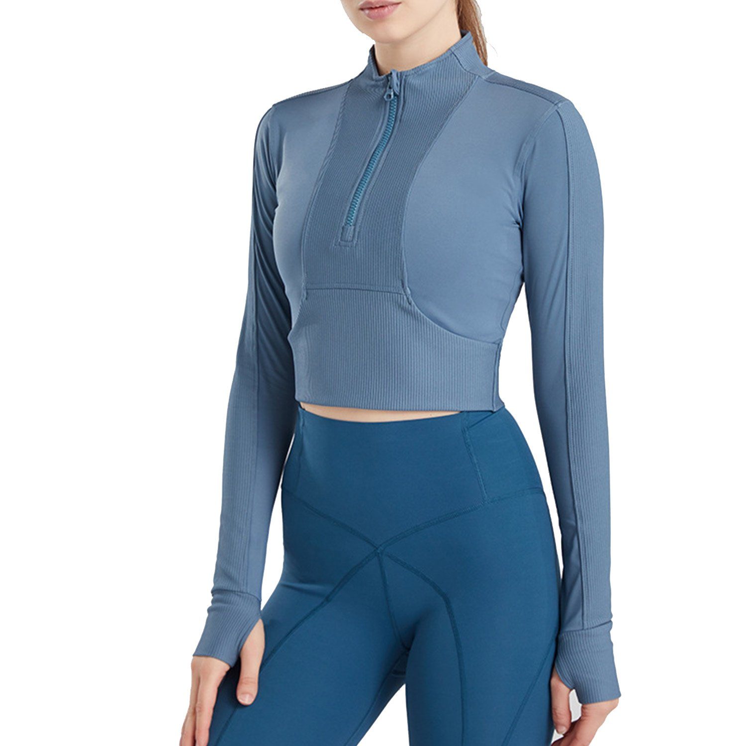 MAGICSHE Funktionsshirt T-Shirt Damen Fitness Top Sweatshirt Leicht Halber Reißverschluss Brust Design blau