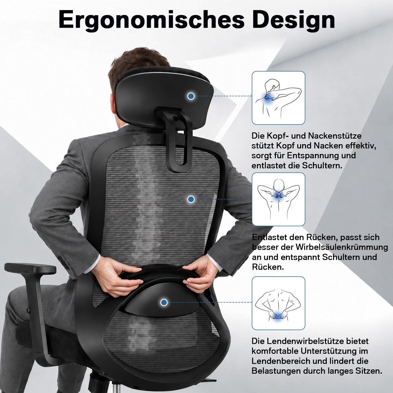 Milacyee Bürostuhl Chefsessel Wippfunktion 200kg belastbar ergonomisch,Bürostuhl (Verstellbare und feststellbare Lendenstütze + Kopfstütze + höhenverstellbare A – Bild 3 von 5