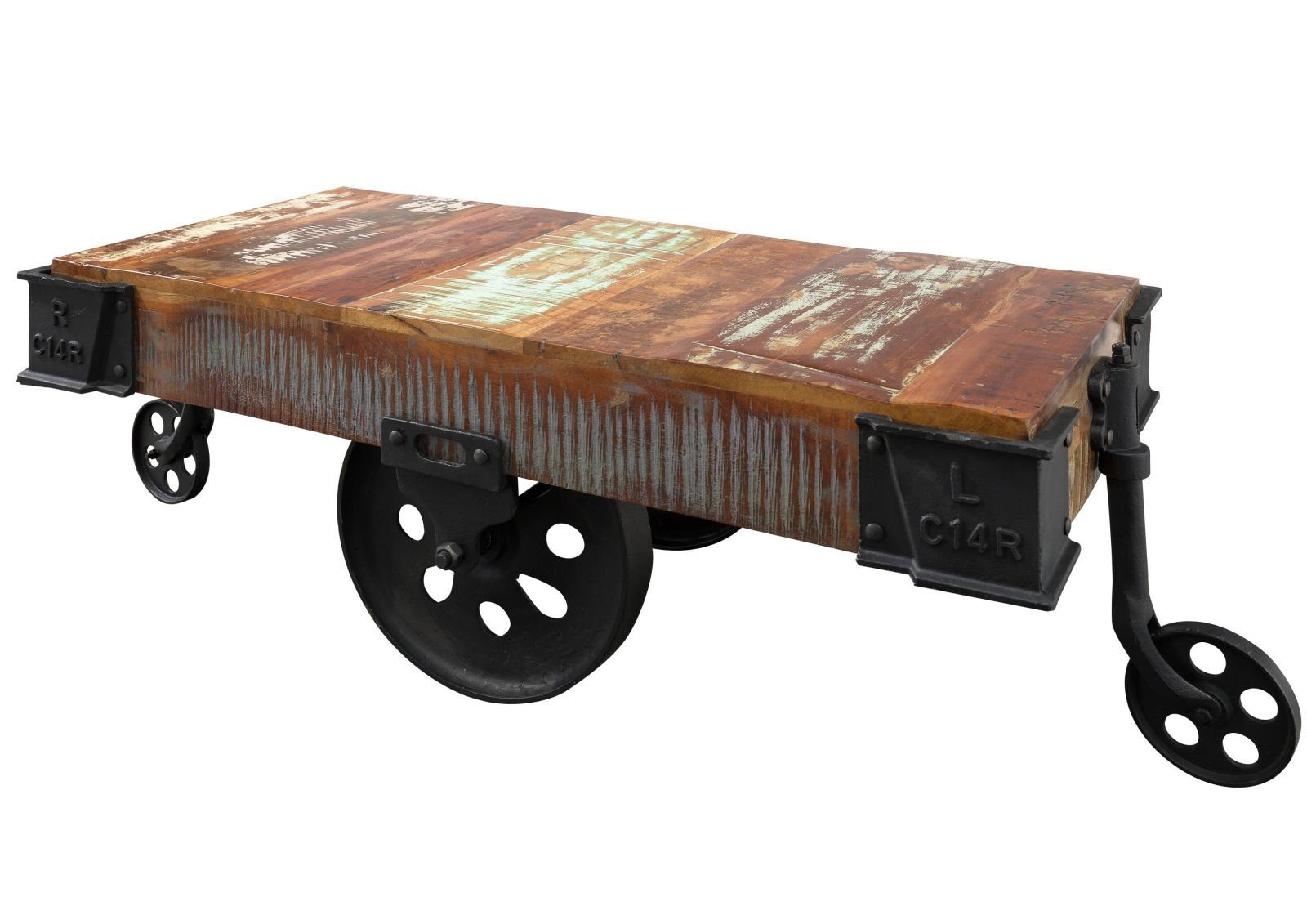 Massivmoebel24 Couchtisch INDUSTRIALAltholzMassivholzmehrfarbig (Massivholz zerlegt 65 kg INDUSTRIAL #18), Altholz 120x60x43 cm (BxTxH) mehrfarbig lackiert