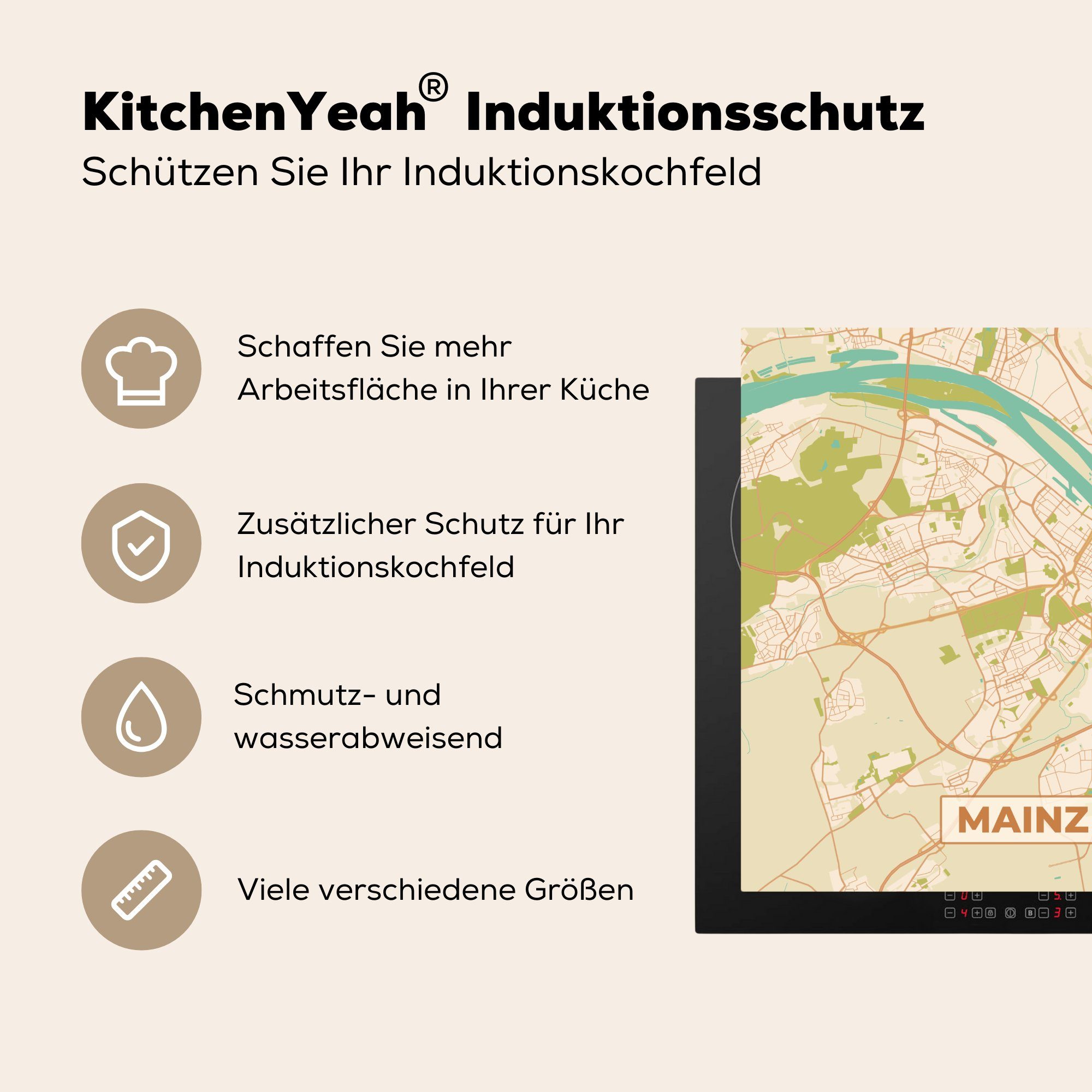 küche - 78x78 Stadtplan, Arbeitsplatte (1 - cm, MuchoWow Herdblende-/Abdeckplatte Vinyl, - Stadtplan Mainz Vintage Ceranfeldabdeckung, für tlg),