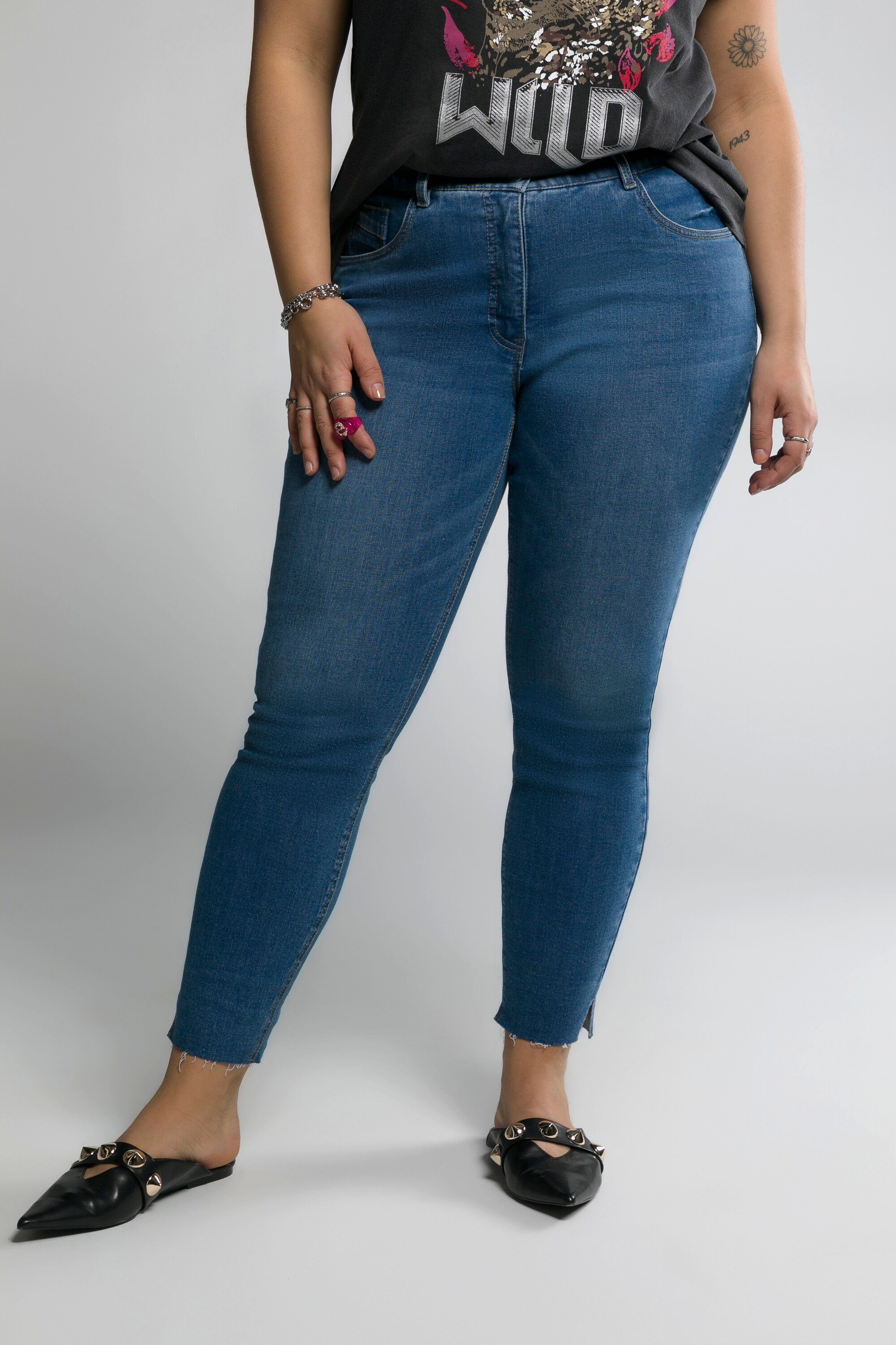 Studio Untold Schlupfhose 5-Pocket Schlitz blue Jeans schmal Fransensaum Skinny denim