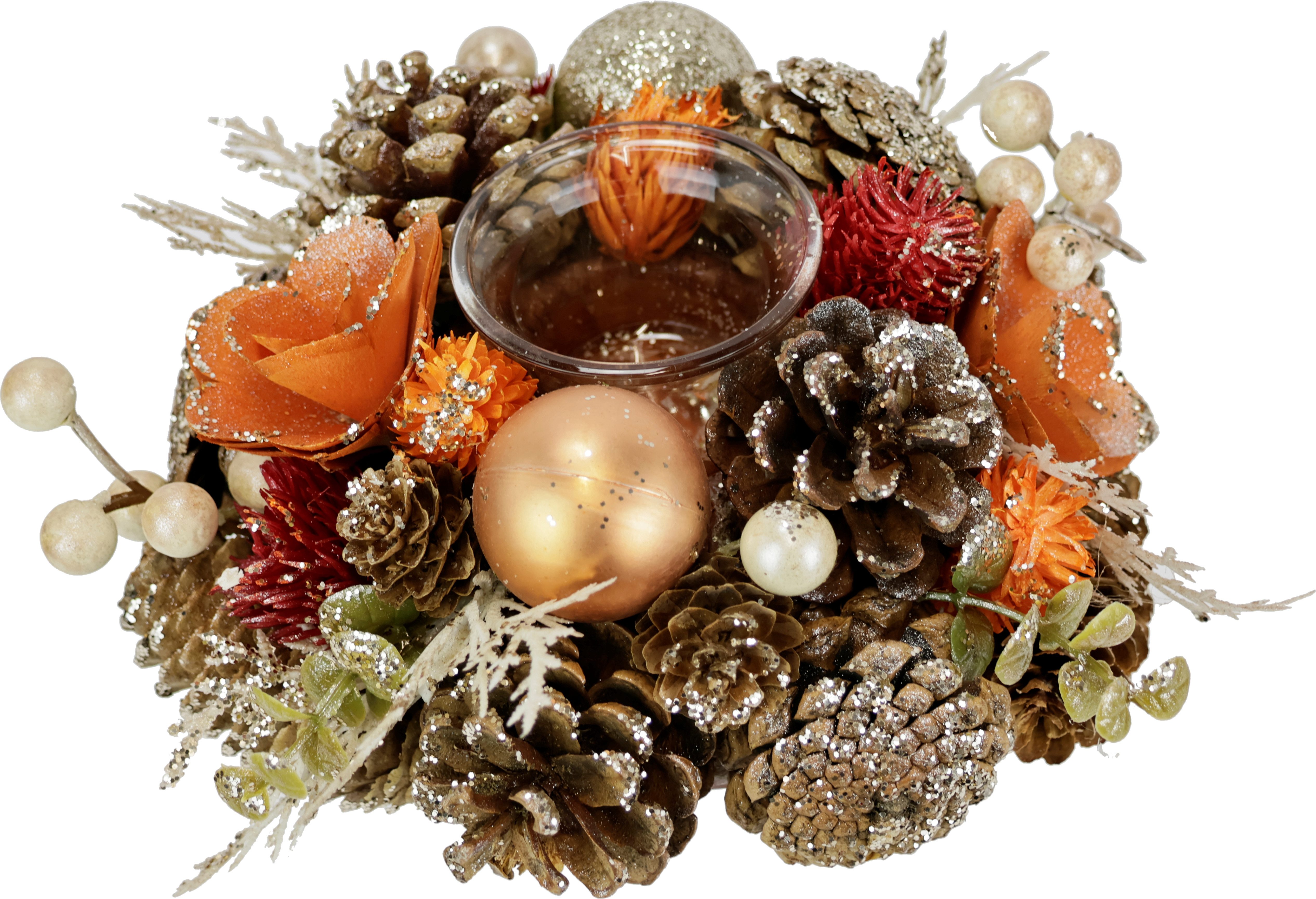 I.GE.A. Teelichthalter Natur-Teelichthalter, aus Trockenblumen Zapfen Christkugeln Beeren, mit Glaseinsatz