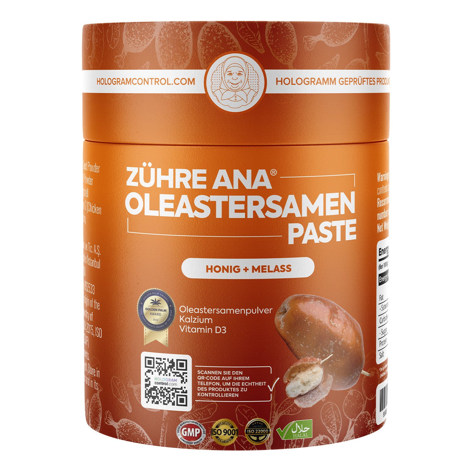 Zühre Ana® Oleastersamenpaste – Natürliches Aroma mit Honig und Melasse, 240 g Paste, 240 g, Unterstützende Inhaltsstoffe: Kalzium, Kollagen, Vitamin D3