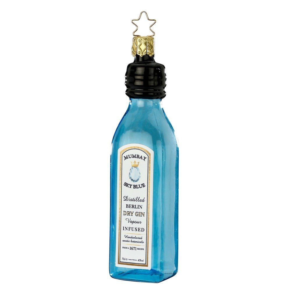 INGE-GLAS® Christbaumschmuck, Christbaumschmuck Dry Gin Flasche Glas 12.5cm blau, 1 Stück
