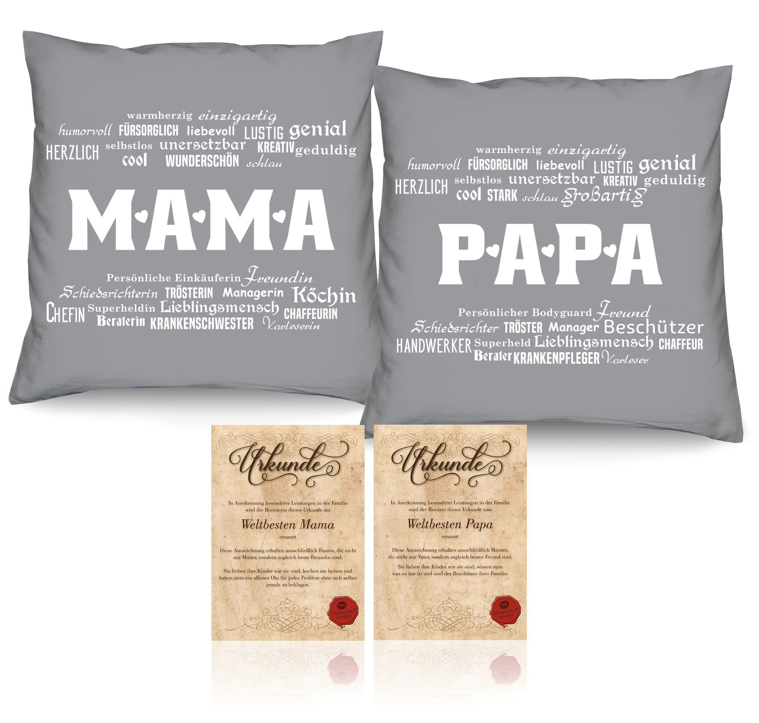 Soreso® Dekokissen Kissen Mama und Papa Geschenke Set Eltern Weihnachtsgeschenk Familie, Geschenk Weihnachten Muttertag Vatertag