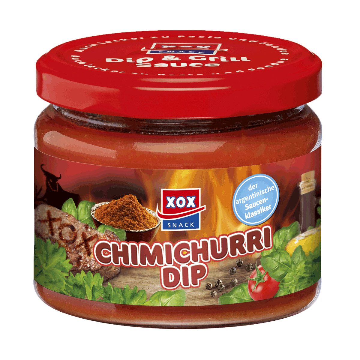 XOX Knabberei, XOX Chimichurri Dip würzige Sauce mit Tomaten und Peffer 270ml