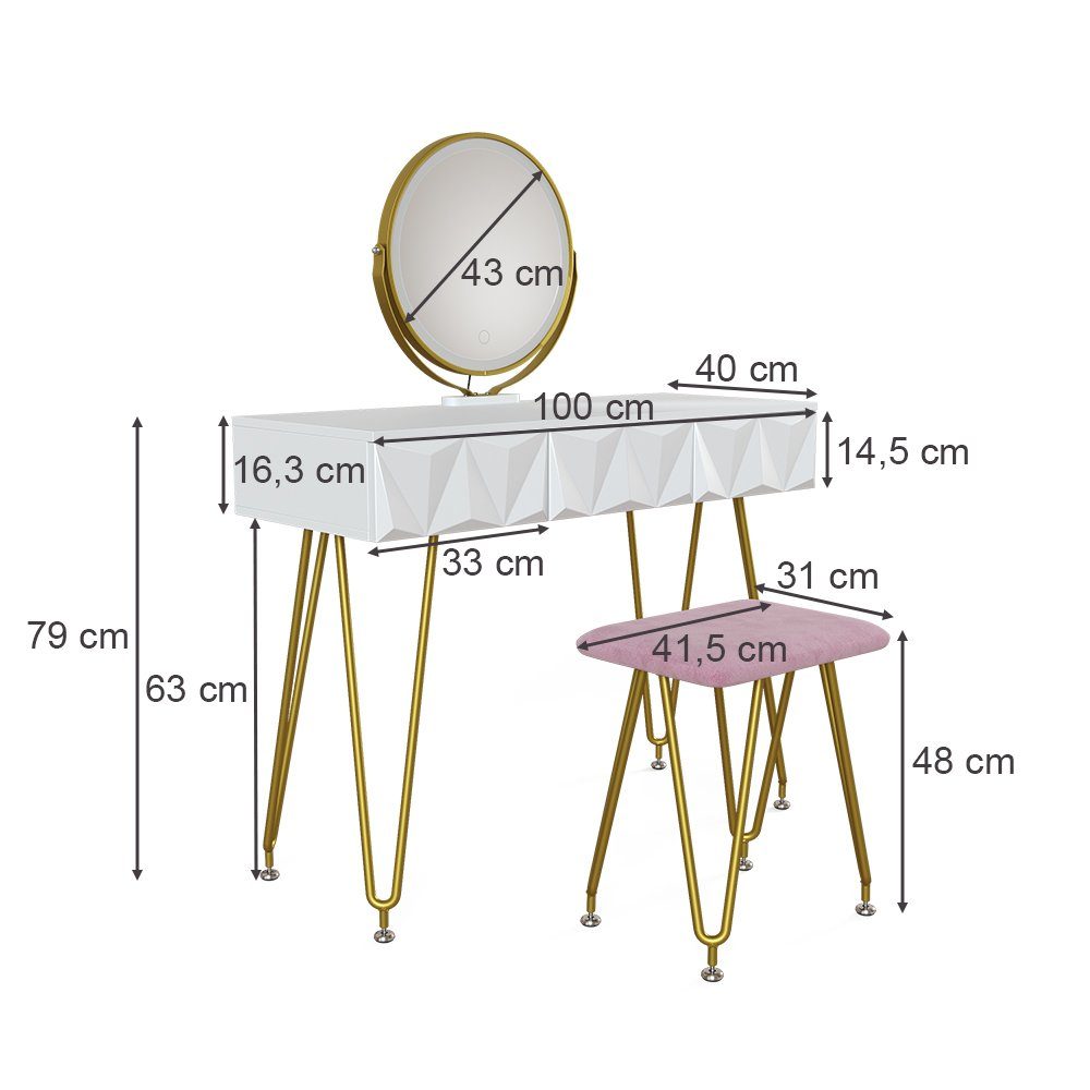 Vicco Schminktisch Ruby, Weiß, 100 cm mit LED Beleuchtung und Hocker (3-St)
