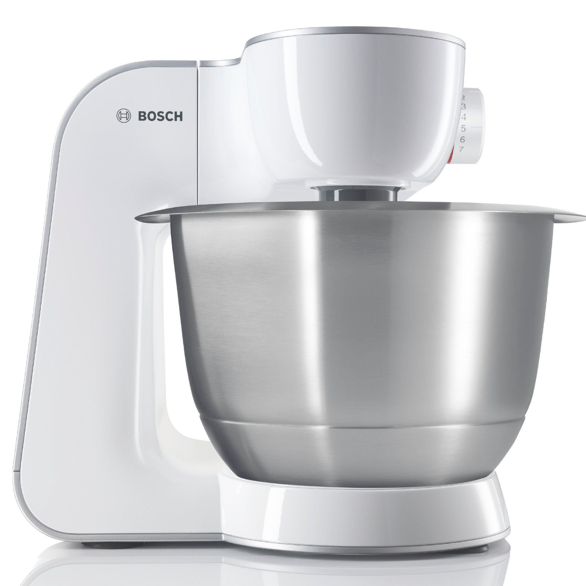 BOSCH Küchenmaschine Serie 4 MUM58W20, Mixer, Durchlaufschnitzler, 3 Scheiben, weiß, 1000 W, 3 Scheiben, Schüssel, Knethaken/Rühr-/Silikonbesen, spülmaschinenfest