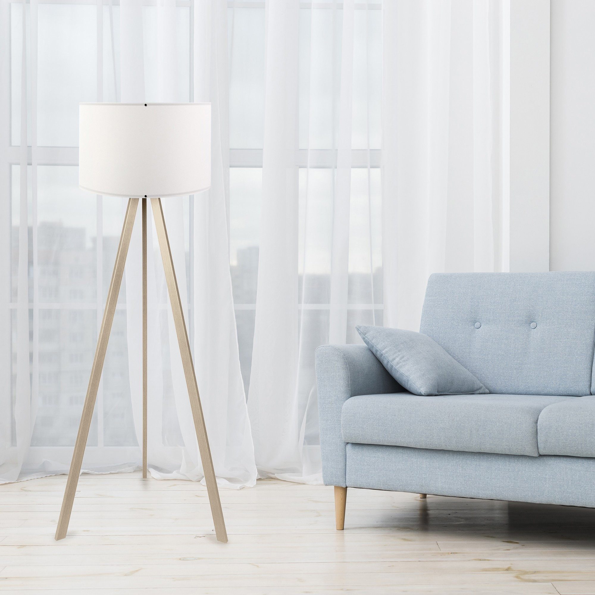 Opviq Stehlampe 38 x 140 cm, Stehlampe, 70% MDF / 30% PVC, Leuchtmittel austauschbar, ohne Leuchtmittel, Skandinavisches Eiche-Optik Weißer Stoffschirm Kabel mit Schalter