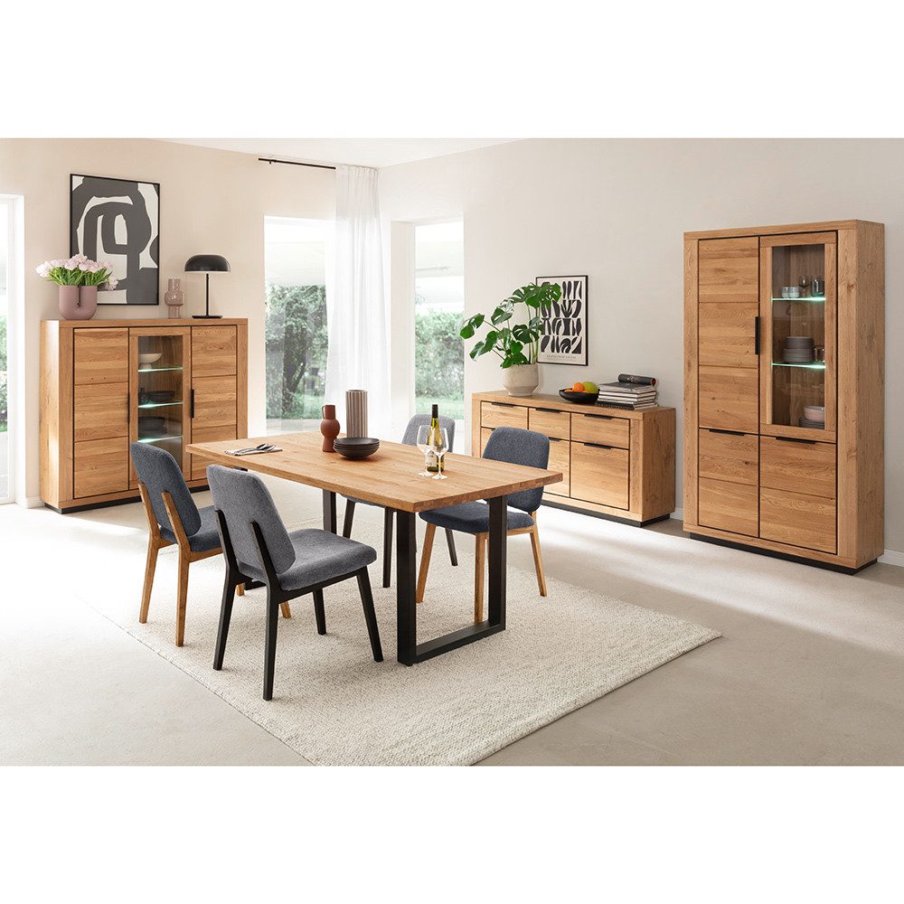 Lomadox Esszimmer-Set GIUSTINO-06, (Spar-Set, 4-St., Highboard Sideboard Vitrine Tisch), Eiche teilmassiv geölt, Massivholzfronten