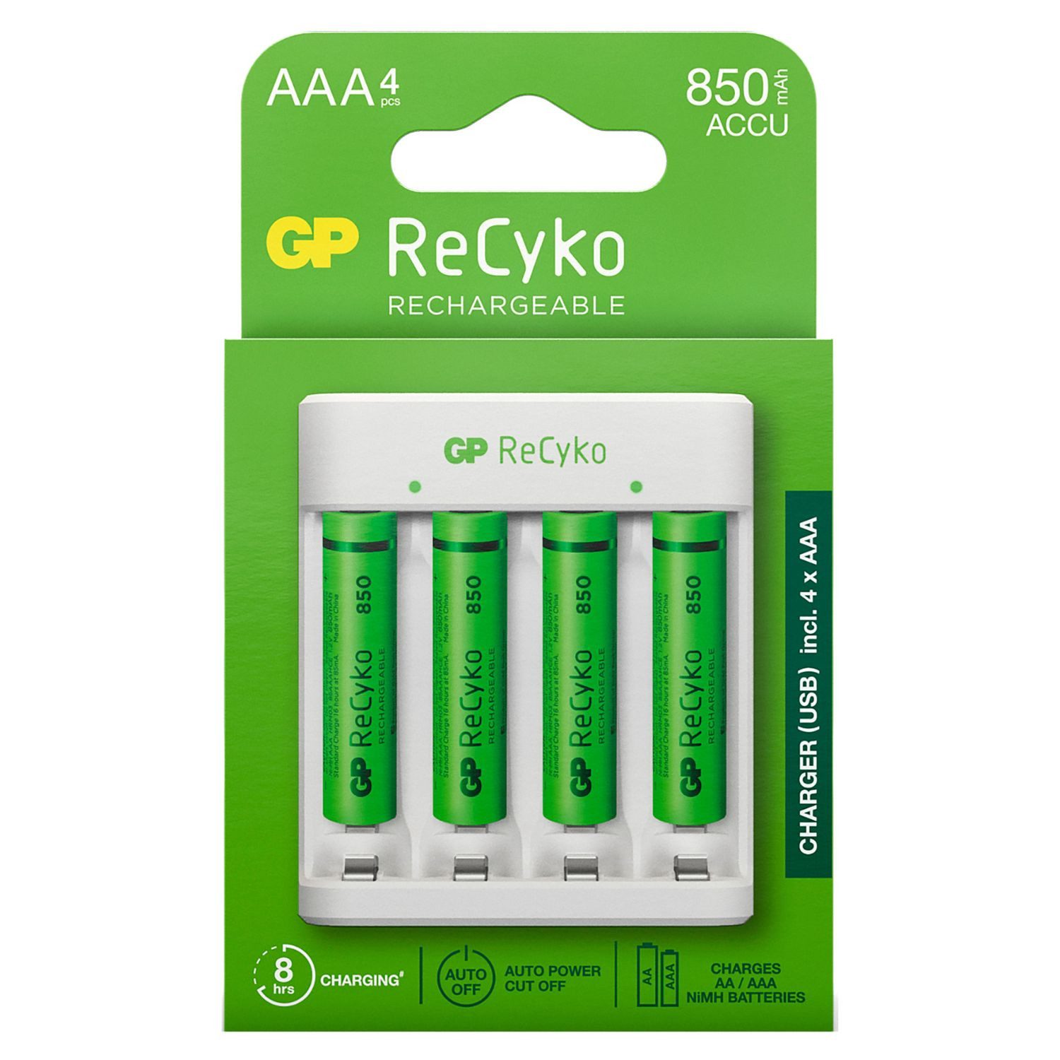 GP Batteries USB Akku-Ladegerät AA / AAA + 4x AAA-Akku ReCyko Akku-Set Micro 850 mAh (1,2 V, 5 St), Kompakt Lader E411 + 4x AAA 800mAh Micro LR03 LR3 Batterie Accu