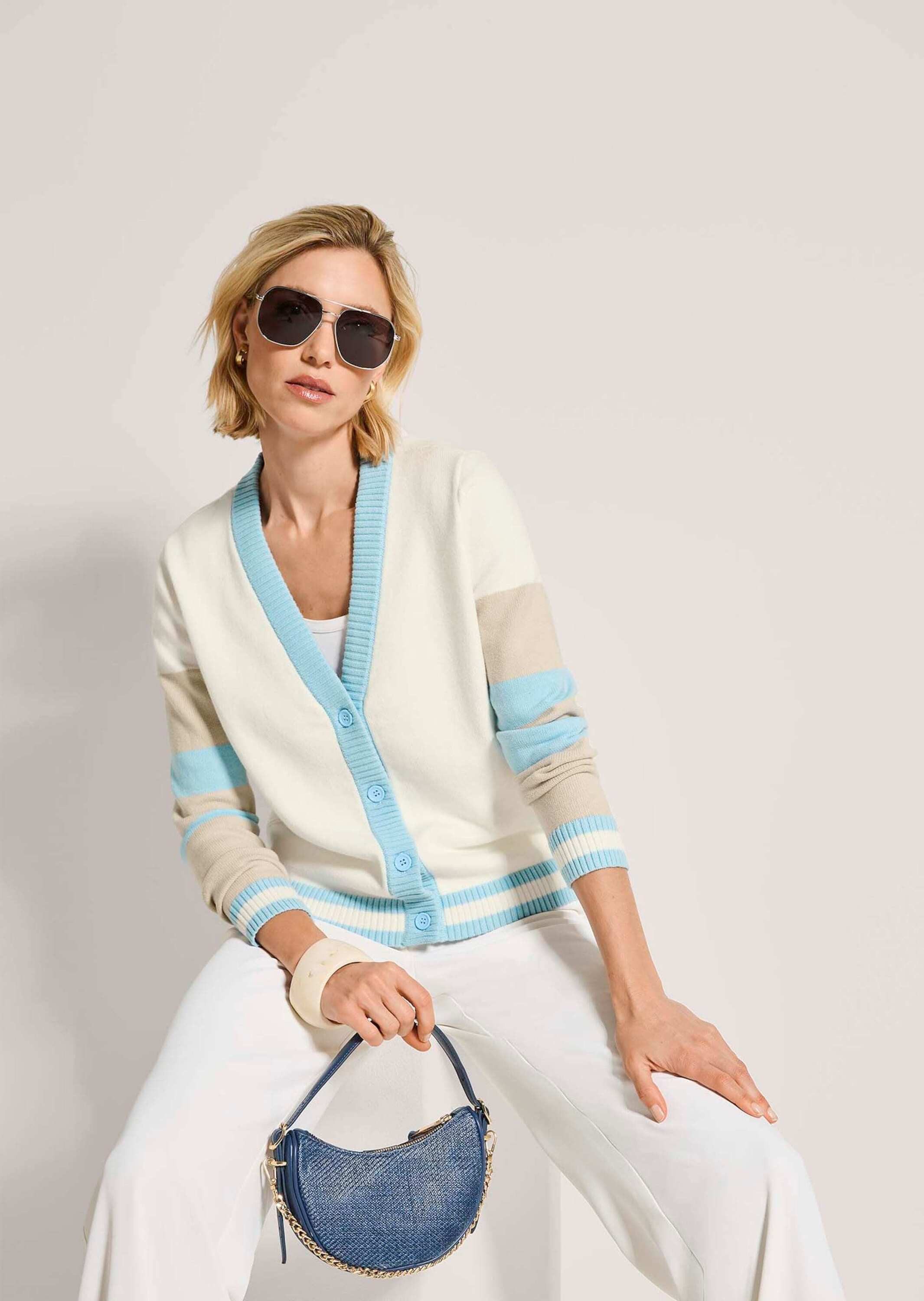MADELEINE Strickjacke Leichter Cardigan, V-Ausschnitt, Streifenmuster Langarm Sommerjacke mit Knopfleiste, Baumwoll-Mischung