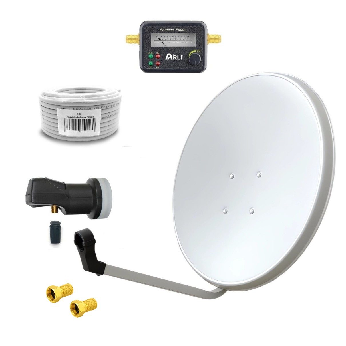 ARLI 60 cm HD Sat Anlage weiss + Single LNB + 15 m Koaxialkabel + Satfinder SAT-Antenne (60 cm, Stahl, + 2x F-Stecker vergoldet Set 10429)