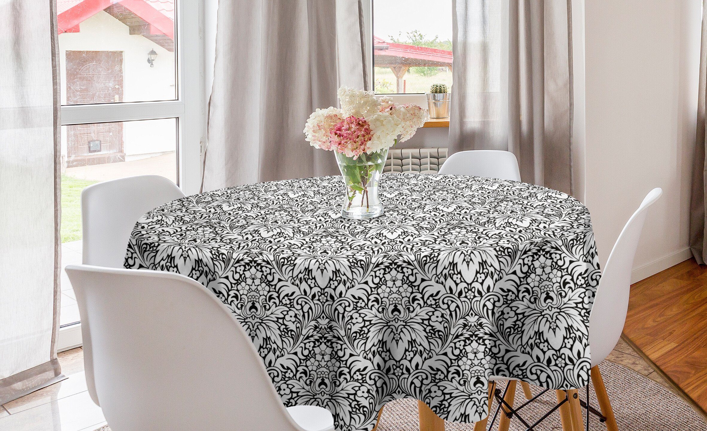 Abakuhaus Tischdecke Kreis Tischdecke Abdeckung für Esszimmer Küche Dekoration, weiße Damast Garten Flourishes Kunst | Tischdecken
