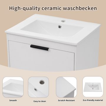 XDeer Badezimmerspiegelschrank Waschbeckenunterschrank hängend 60cm breit,mit Keramikwaschbecken, mit Schubladen,modernes Design Weiß