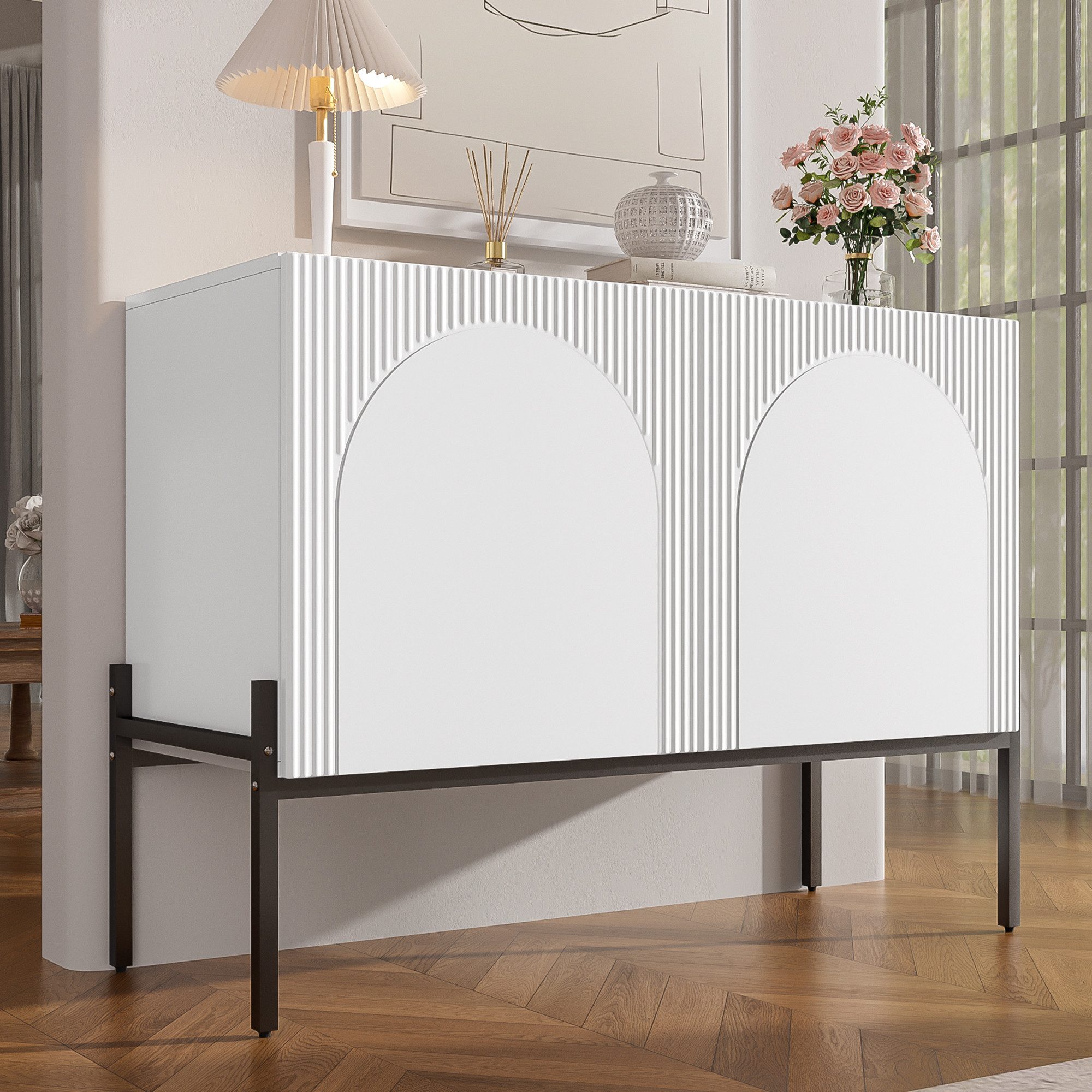Flieks Sideboard mit 2 Türen, verstellbarer Einlegeböden und Metallbeinen (100x40x75 cm, 1 St., Schrank für Wohnzimmer, Esszimmer, Schlafzimmer), Kommode Mehrzweckschrank Multifunktionsschrank Weiß