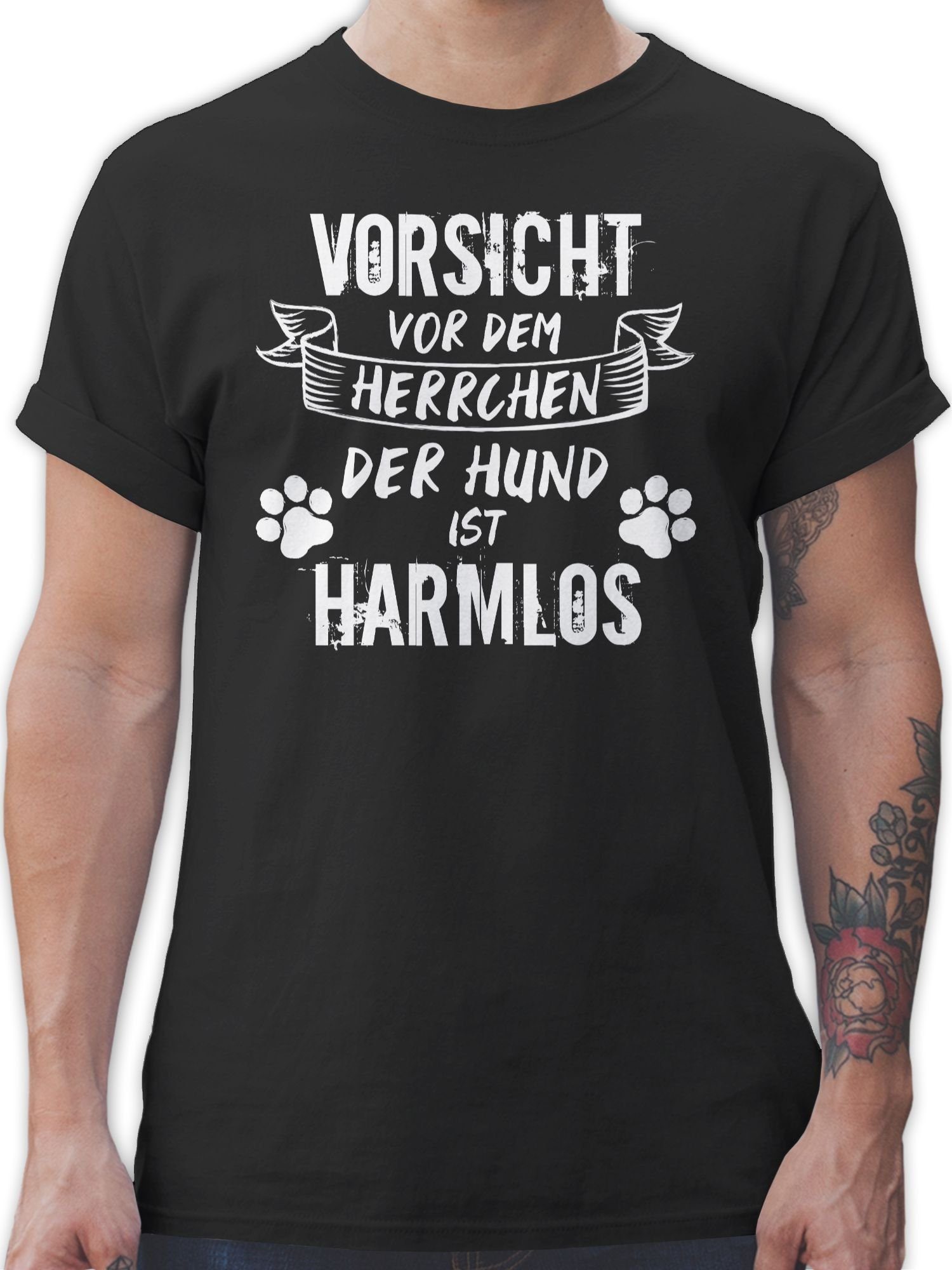 Shirtracer T-Shirt 01 Geschenk - ist dem Weiß Herrchen harmlos Vorsicht Grunge/Vintage Schwarz Hund vor für Hundebesitzer der 