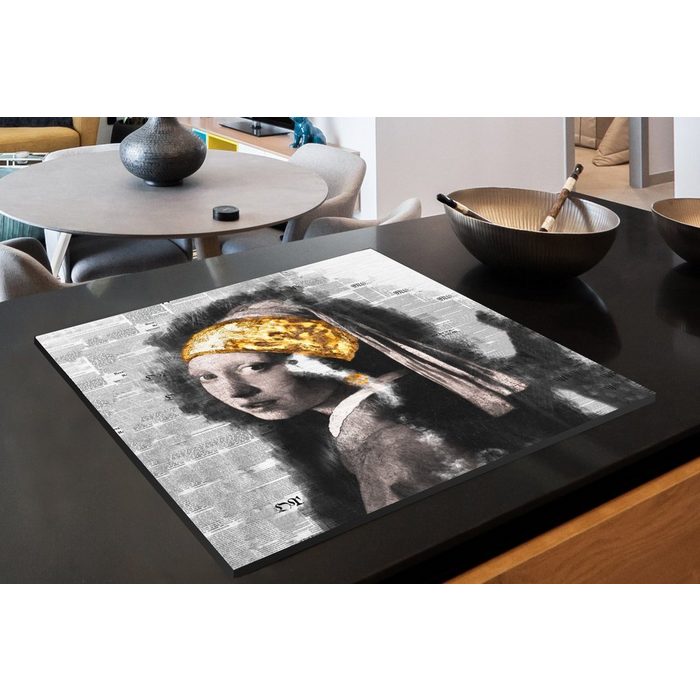 MuchoWow Herdblende-/Abdeckplatte Das Mädchen mit dem Perlenohrring - Vermeer - Gold Vinyl (1 tlg) Ceranfeldabdeckung Arbeitsplatte für küche AV10406