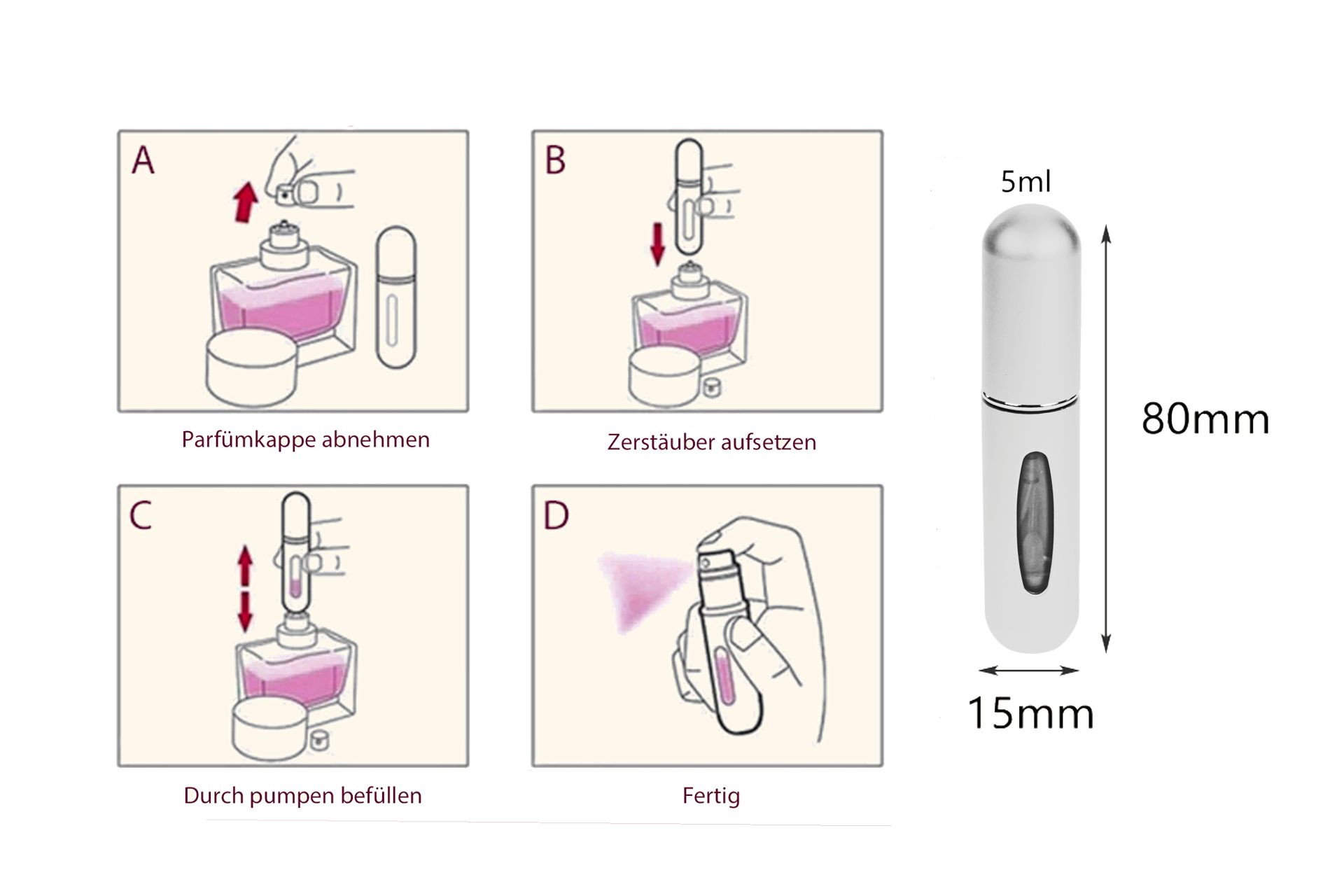 Fantasia Beauty Parfümzerstäuber Taschenzerstäuber, matt silber für 5 ml, mit Füllautomatik (1 St), für 5 ml, Füllautomatik, Sichtfenster