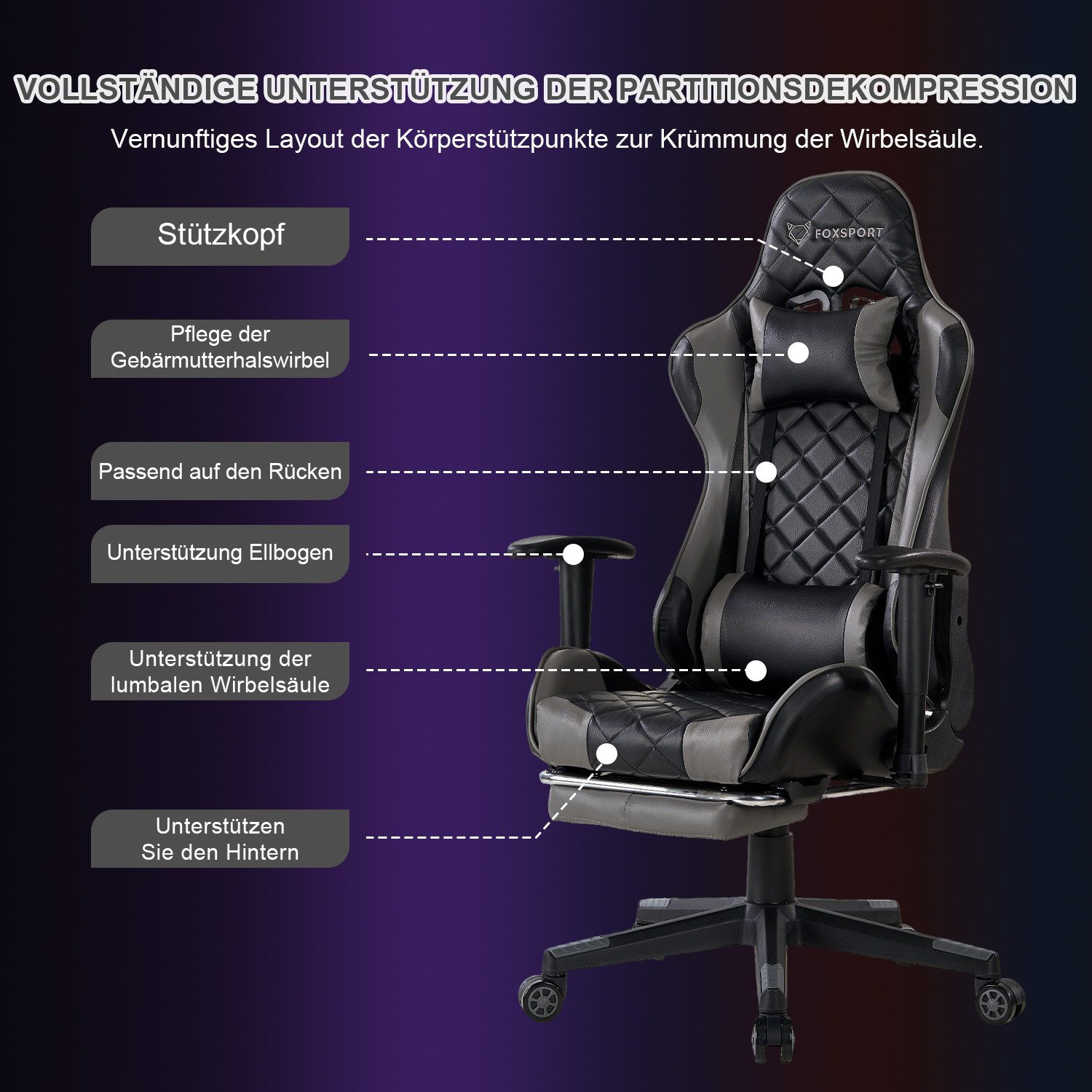 Seven Comfort Gaming-Stuhl Gaming Stuhl mit Fußstütze (Professioneller Gamingstuhl), Mit Kopfstütze und Lendenwirbelstütze, mit einziehbaren Fußstütze