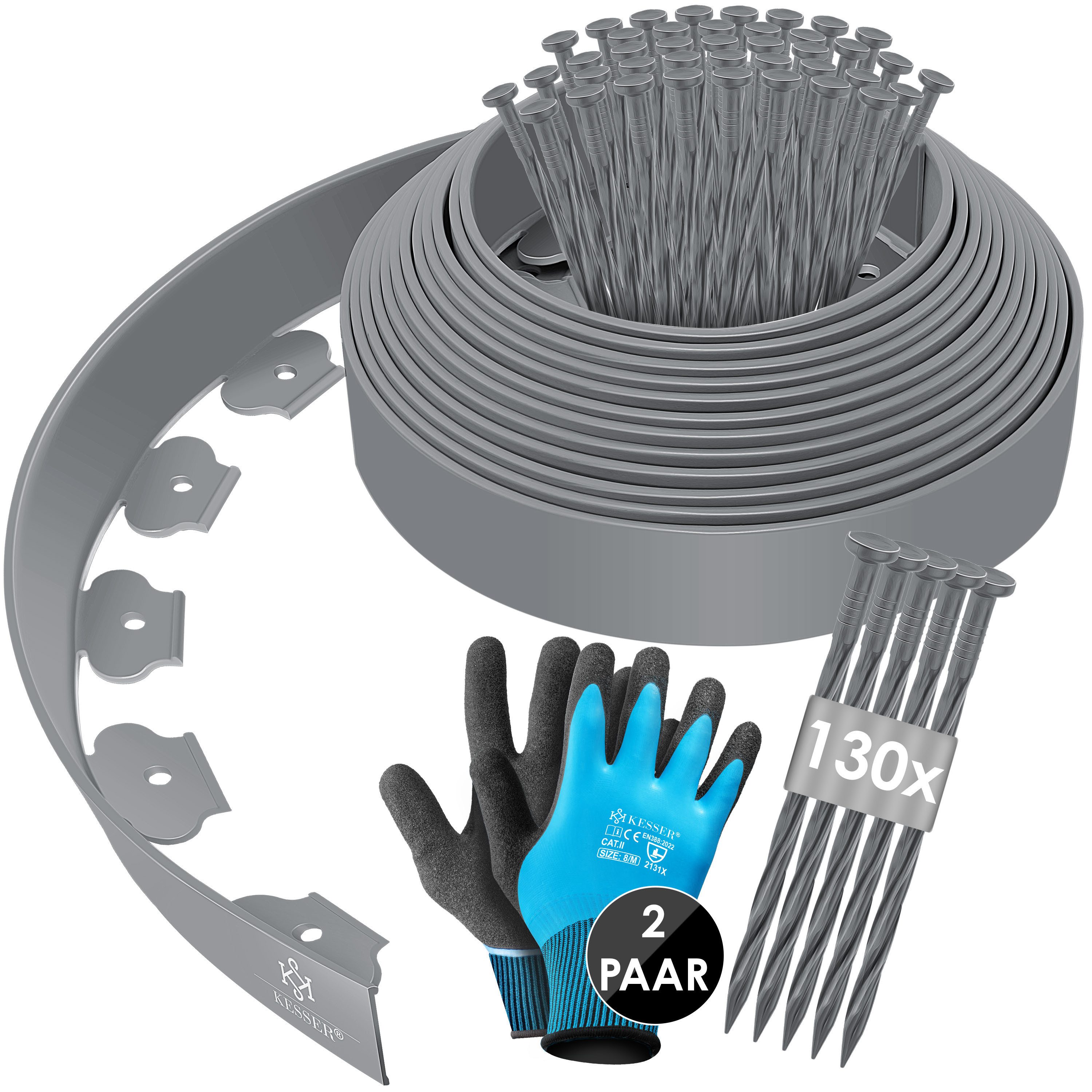 KESSER Rasenkante Flexible Beetumrandung aus Kunststoff 10/ 20/ 30/ 40/ 50m - Höhe 5cm, Mähkante Pflastersteine Palisade, Rasenkante mit Erdanker + Handschuhe Beeteinfassung Beetbegrenzung