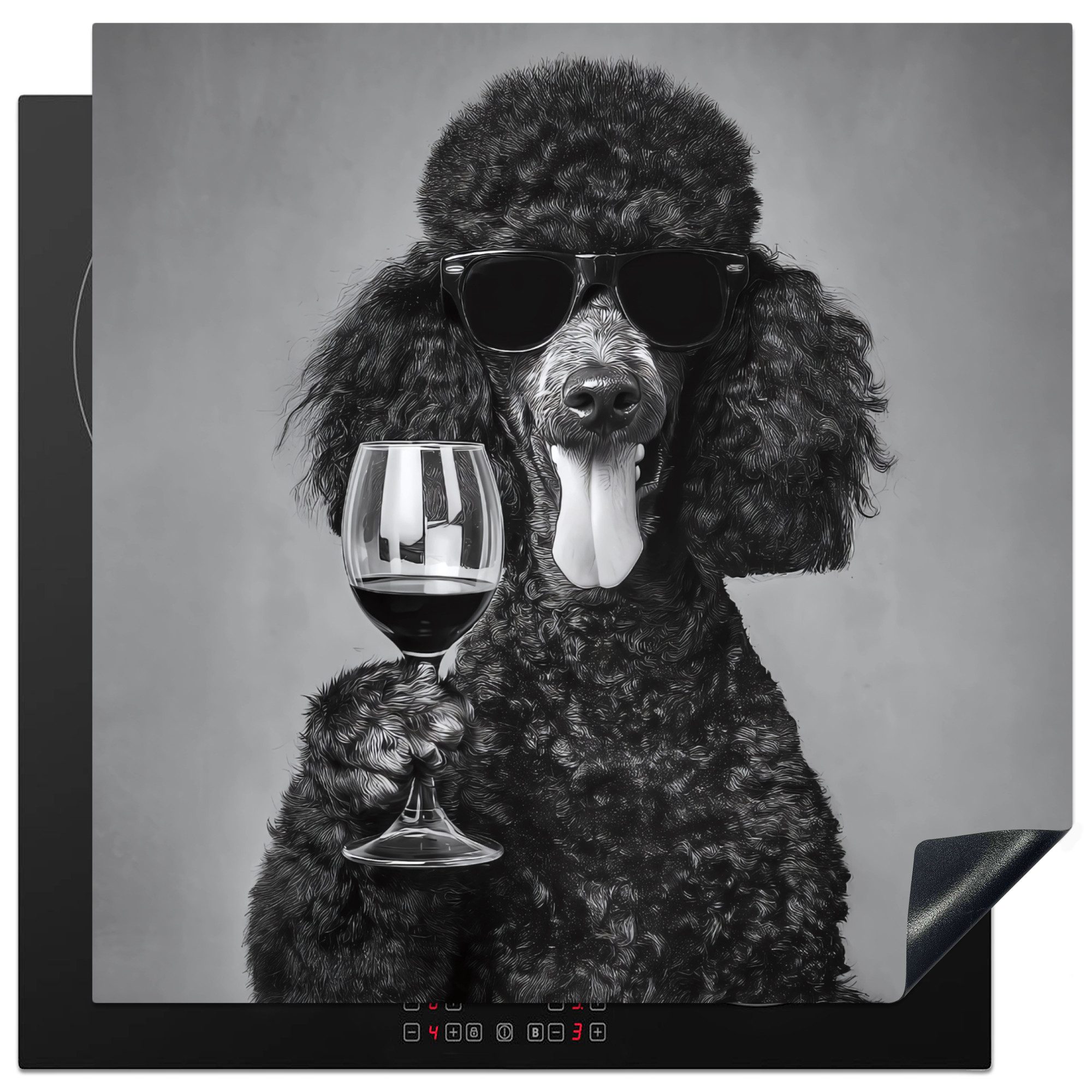 MuchoWow Herd-Abdeckplatte Hund - Locken - Sonnenbrille - Wein, Vinyl, (1 tlg), Abdeckung Induktionskochfeld Schutzmatte, Küche Deko, 78x78 cm