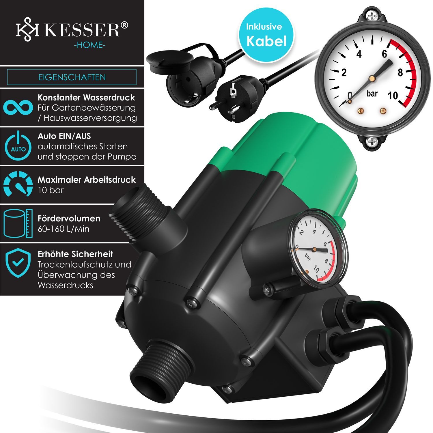 KESSER Wasserpumpe, Pumpensteuerung mit Baranzeige mit Kabel 10 bar Druckwächter