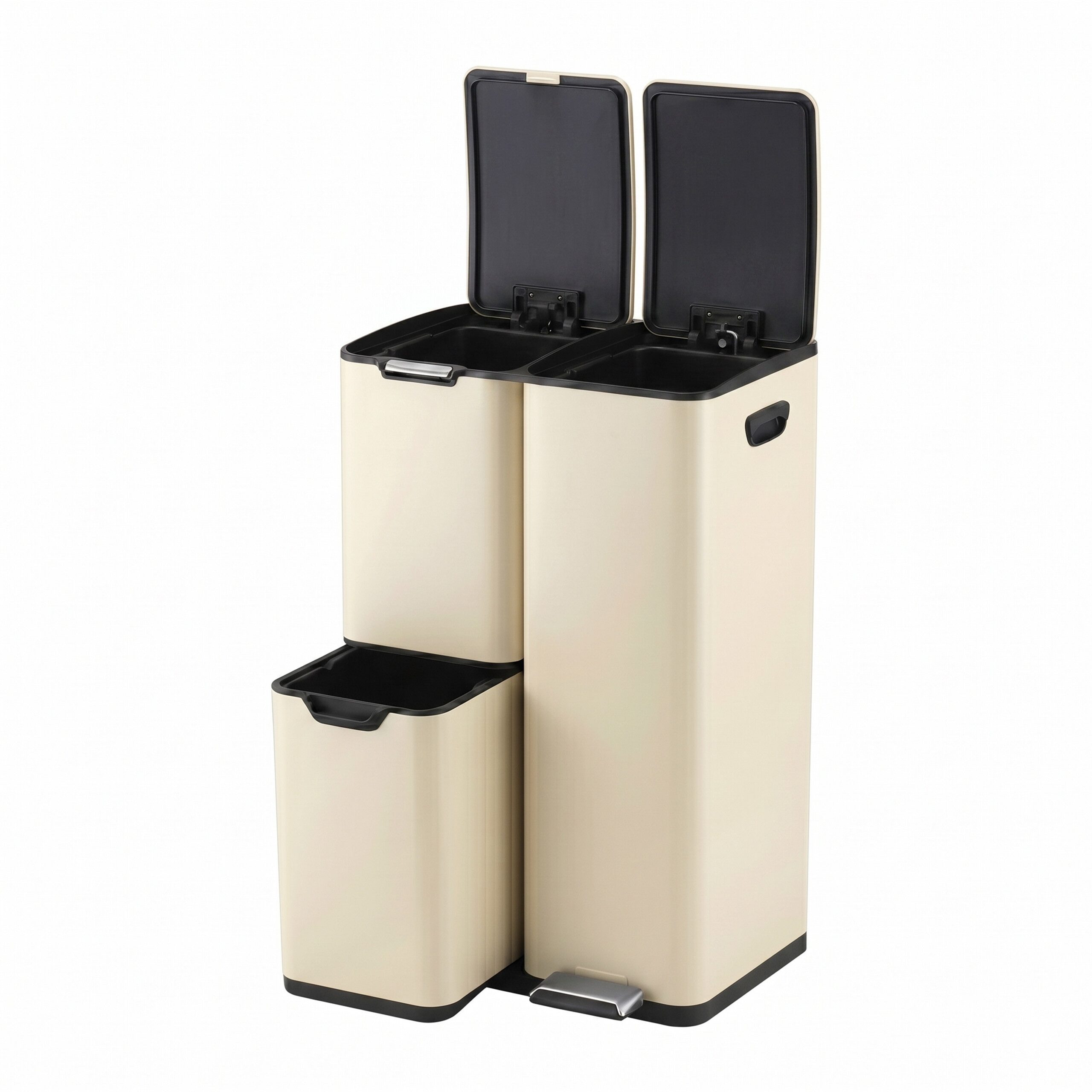 relaxdays Mülltrennsystem Mülleimer 3 Fächer Edelstahl, Beige