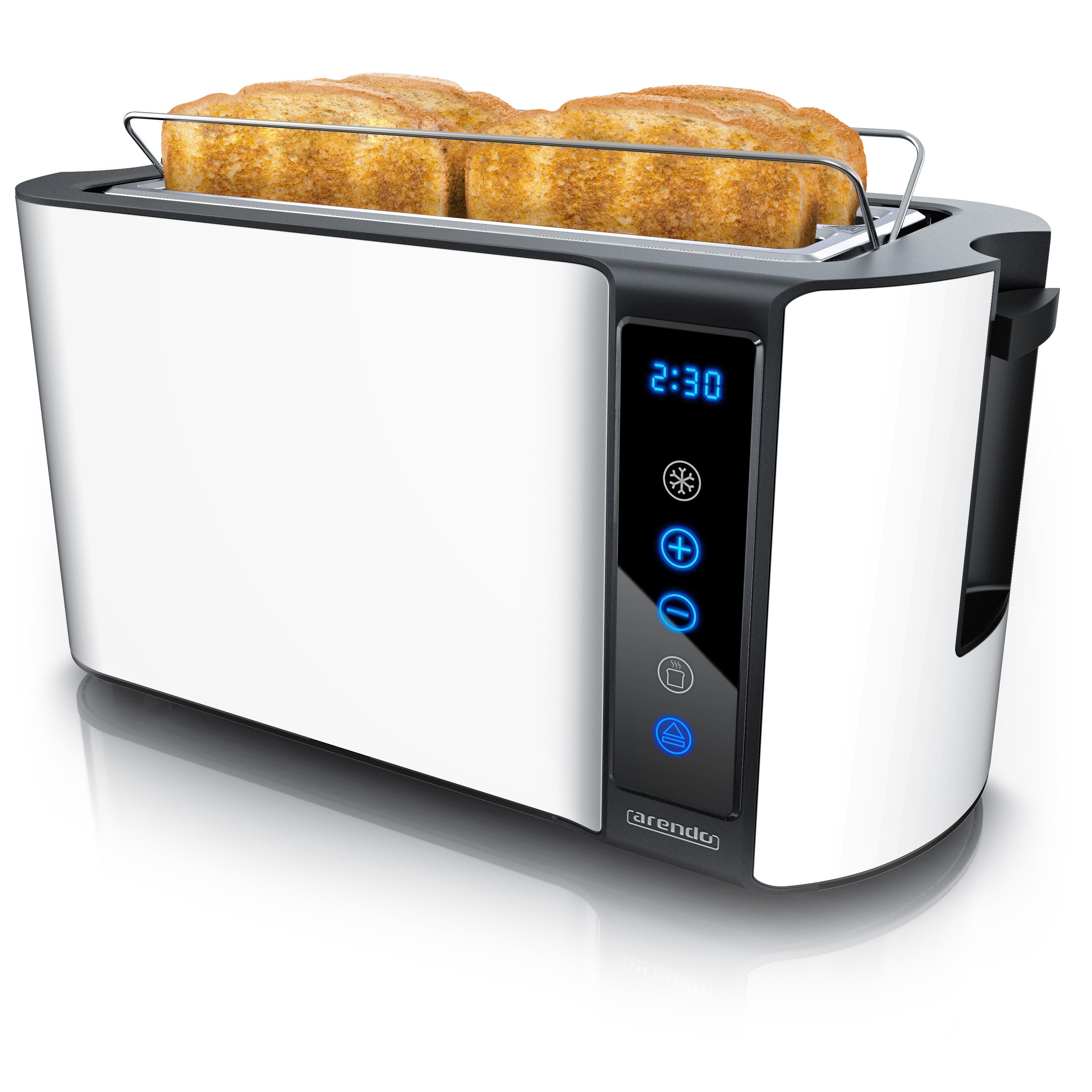 Arendo Toaster 4-Scheiben, Wärmeisoliertes Doppelwandgehäuse, Display Restzeitanzeige, 2 lange Schlitze, für 4 Scheiben, 1500 W, Langschlitz, Brötchenaufsatz, Brotscheibenzentrierung, Touchpanel
