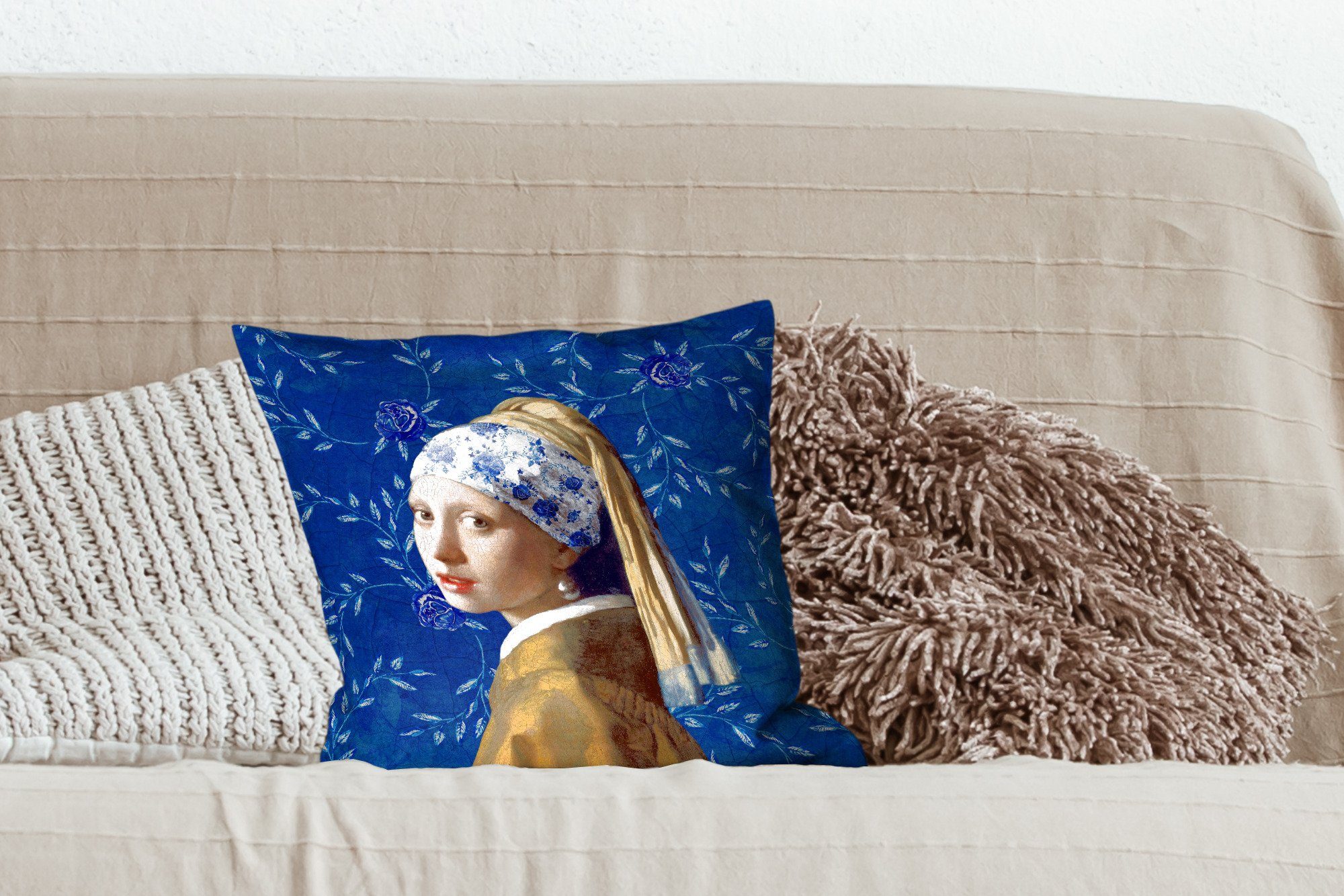 MuchoWow Dekokissen Mädchen Blau mit - Perlenohrring Gemälde, Deko, Sofakissen - - Delfter - mit für Zierkissen Blumen Wohzimmer, Füllung Vermeer Schlafzimmer