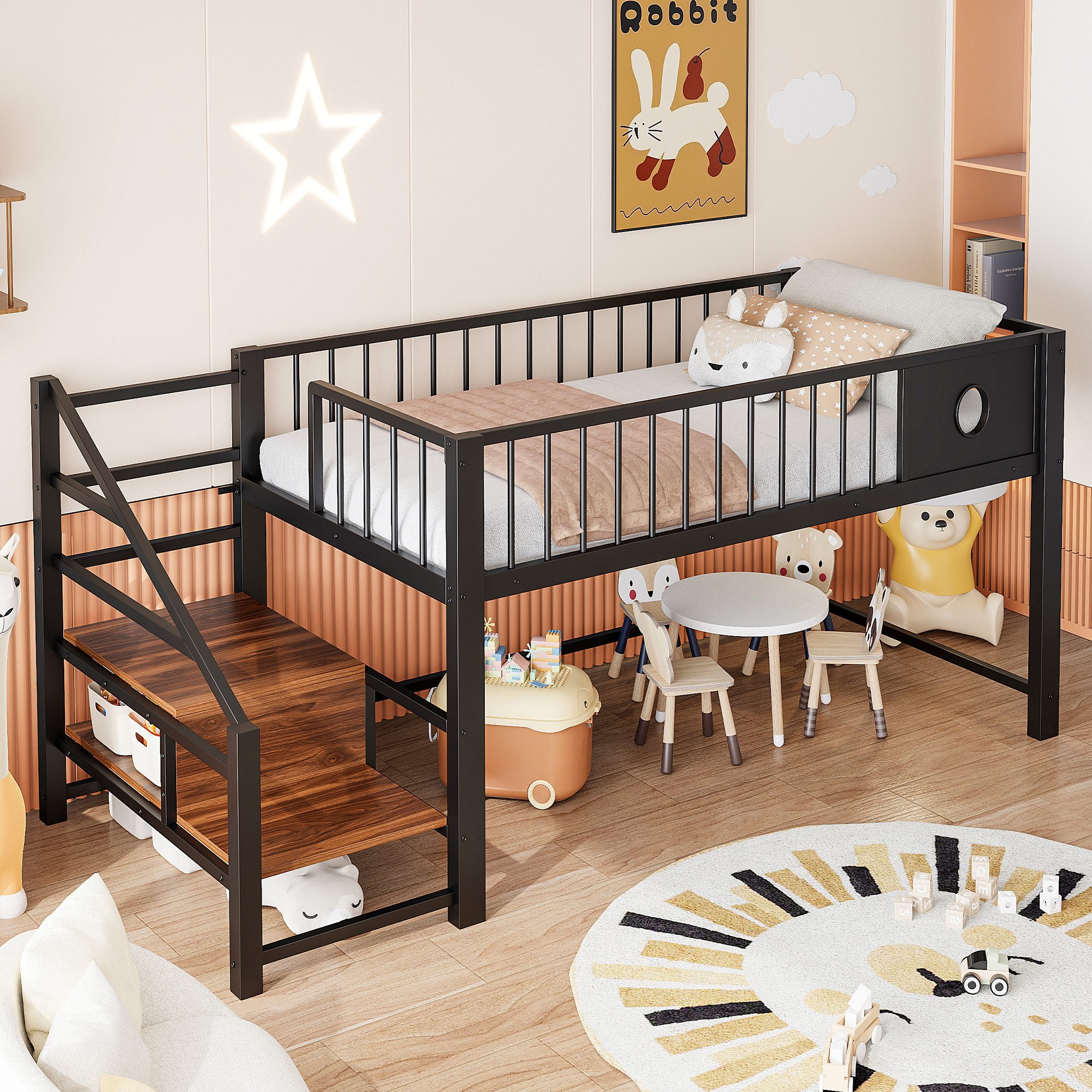 Flieks Kinderbett, Niedriges Hochbett Metallbett 90×200cm mit Aufbewahrungstreppe