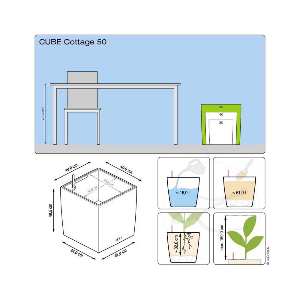granit, - Cottage Cube 50 mit Blumentopf Lechuza® Wasserspeicher St) (1