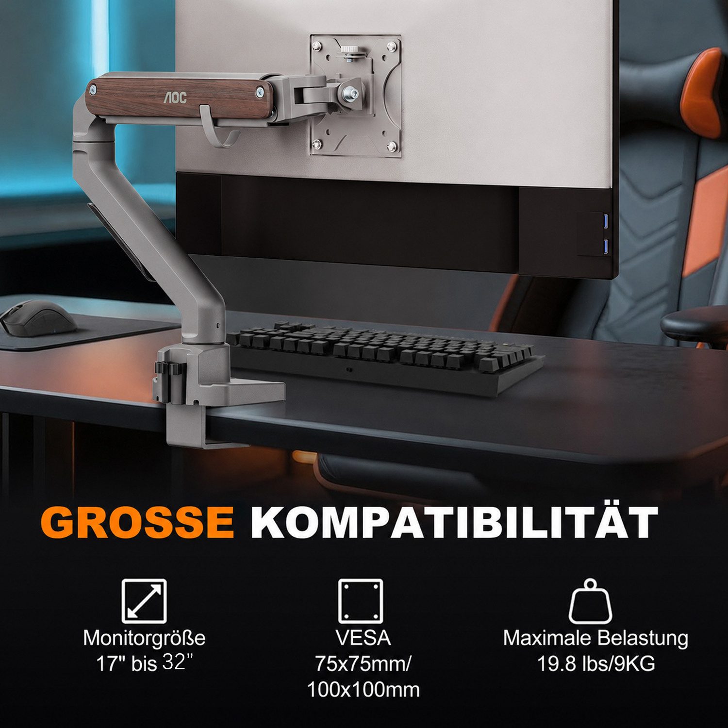 AOC Monitor-Halterung 17-32 Zoll, bis 9 kg, VESA 75x75-100x100,AM200, (bis 32 Zoll, Packung, neigbar,schwenkbar,drehbar,Gasdruckfeder,Kabelmanagement)