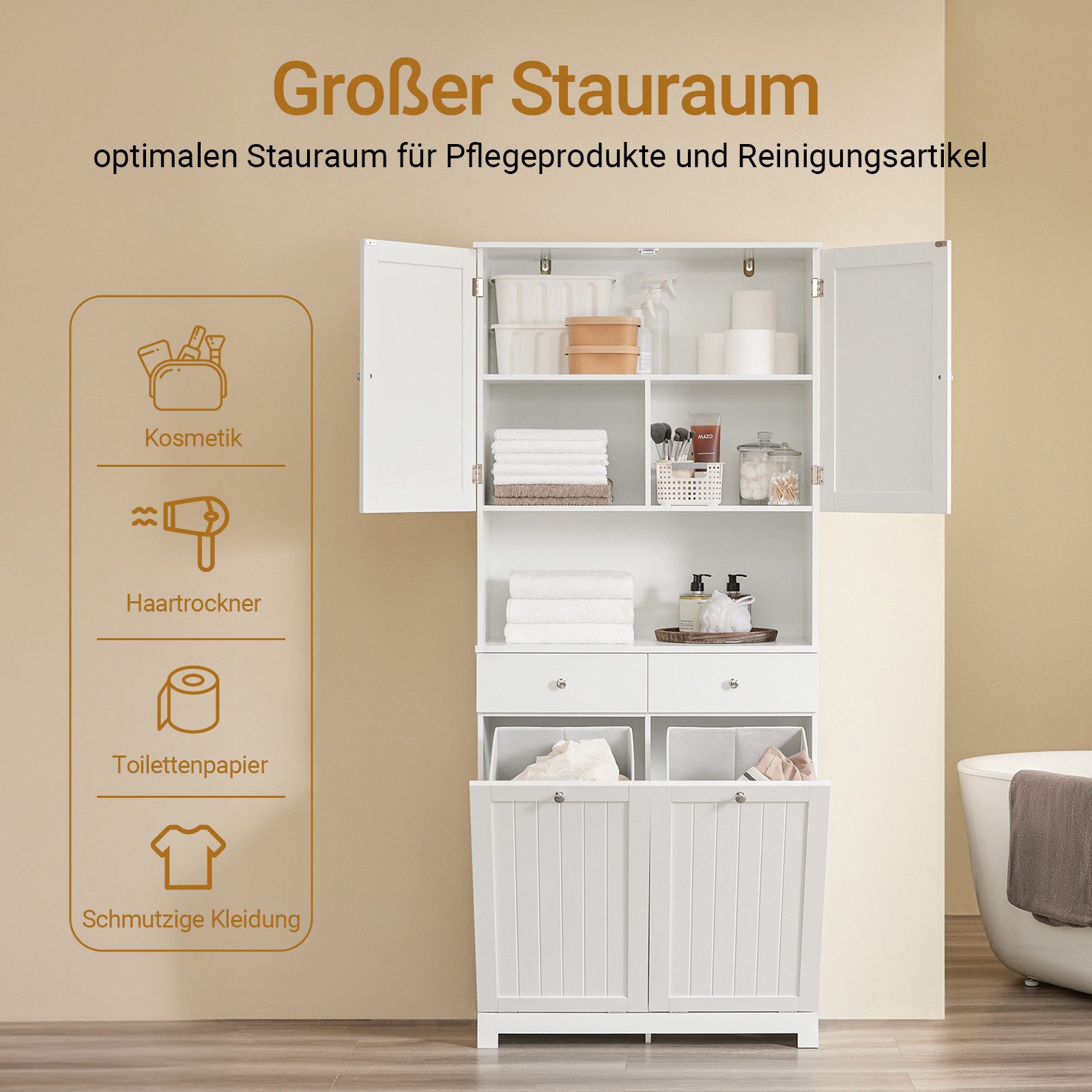SoBuy Badkommode BZR215, Badezimmerschrank Badschrank Aufbewahrungsschrank Badmöbel, Wäscheschrank mit 2 Wäschekörben, verstellbaren Ablagen, Schublade