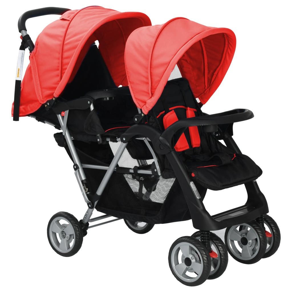 vidaXL Kombi-Kinderwagen Kinderwagen Kinderkarre Buggy Zwillings-Geschwisterwagen Stahl Rot und