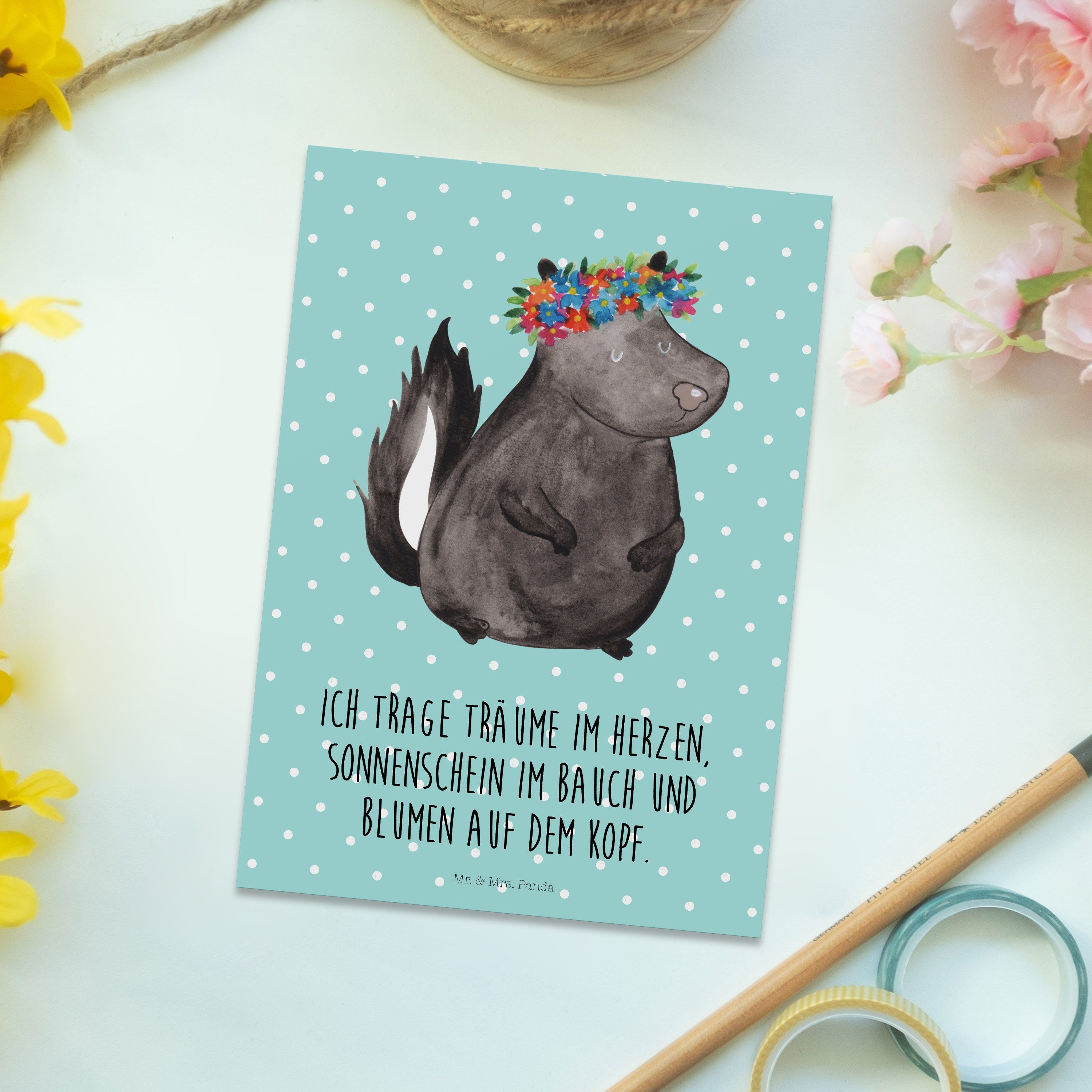 & Geschenk, Panda Postkarte - Mr. - Einladungskarte Blumenmaedchen Pastell Stinktier Mrs. Türkis