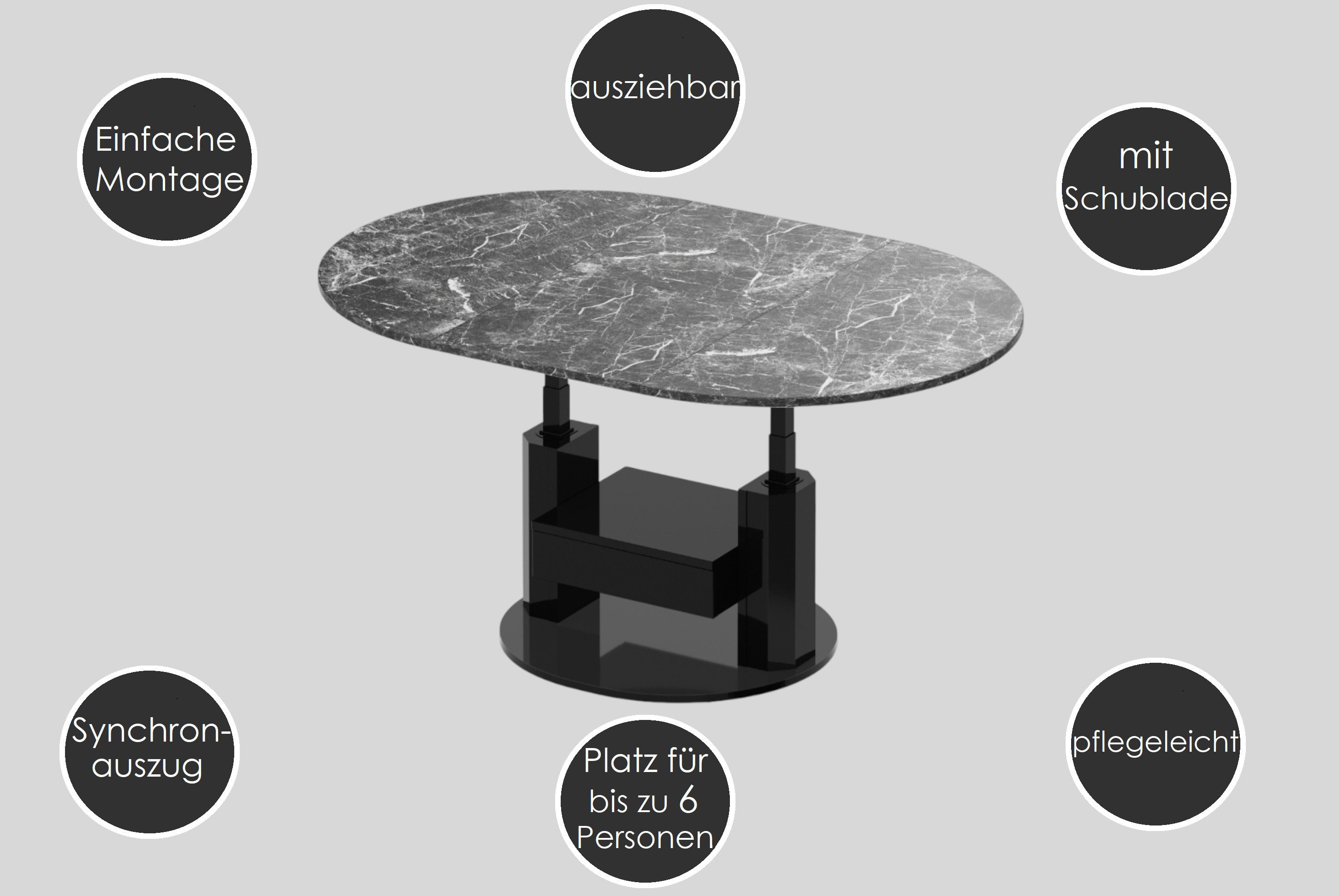 designimpex Couchtisch Design HPM-111 Hochglanz ausziehbar höhenverstellbar mit Schublade