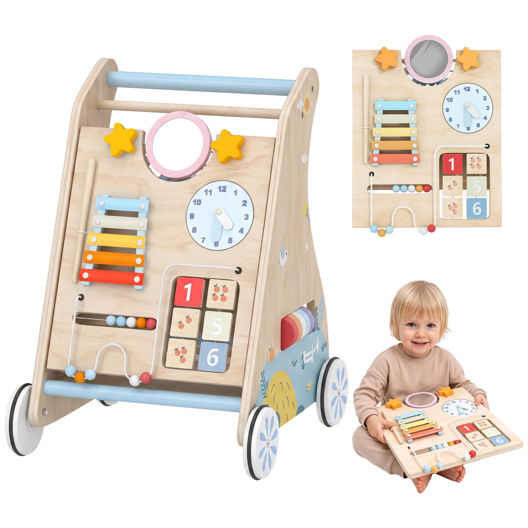 AIYAPLAY Lauflernwagen Montessori Aktivitätszentrum, (Set, 1-tlg., 3-in-1 Lauflernwagen), abnehmbares doppelseitiges Aktivitätsboard